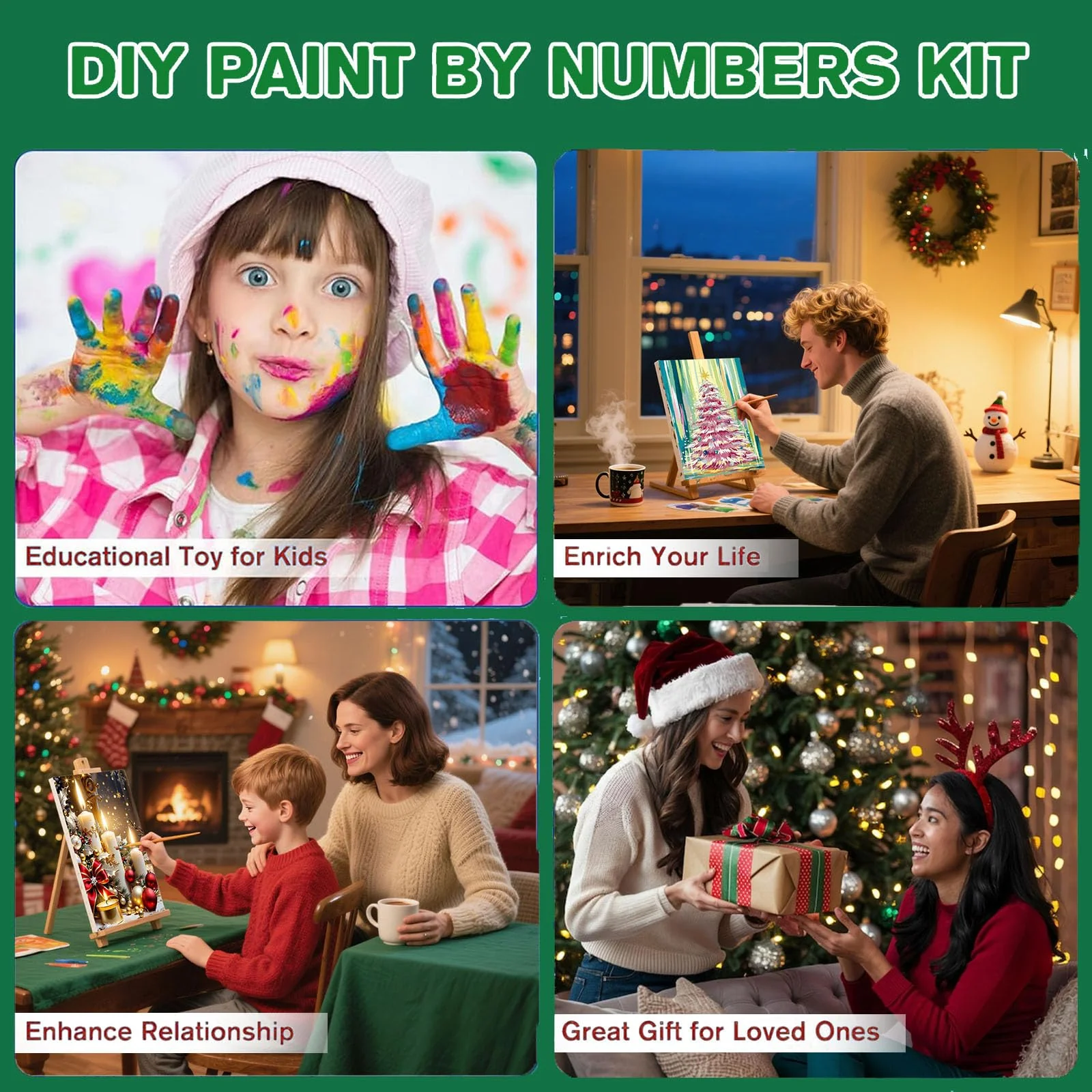 4 Pack Paint by Numbers Kit for Adults - Wooden Easel, Christmas Paint by Numbers with Frame, Christmas Adult Painting by Number Kits on Canvas, Easy Oil Painting Arts Gift Wall Decor 8x12inch - Image 2