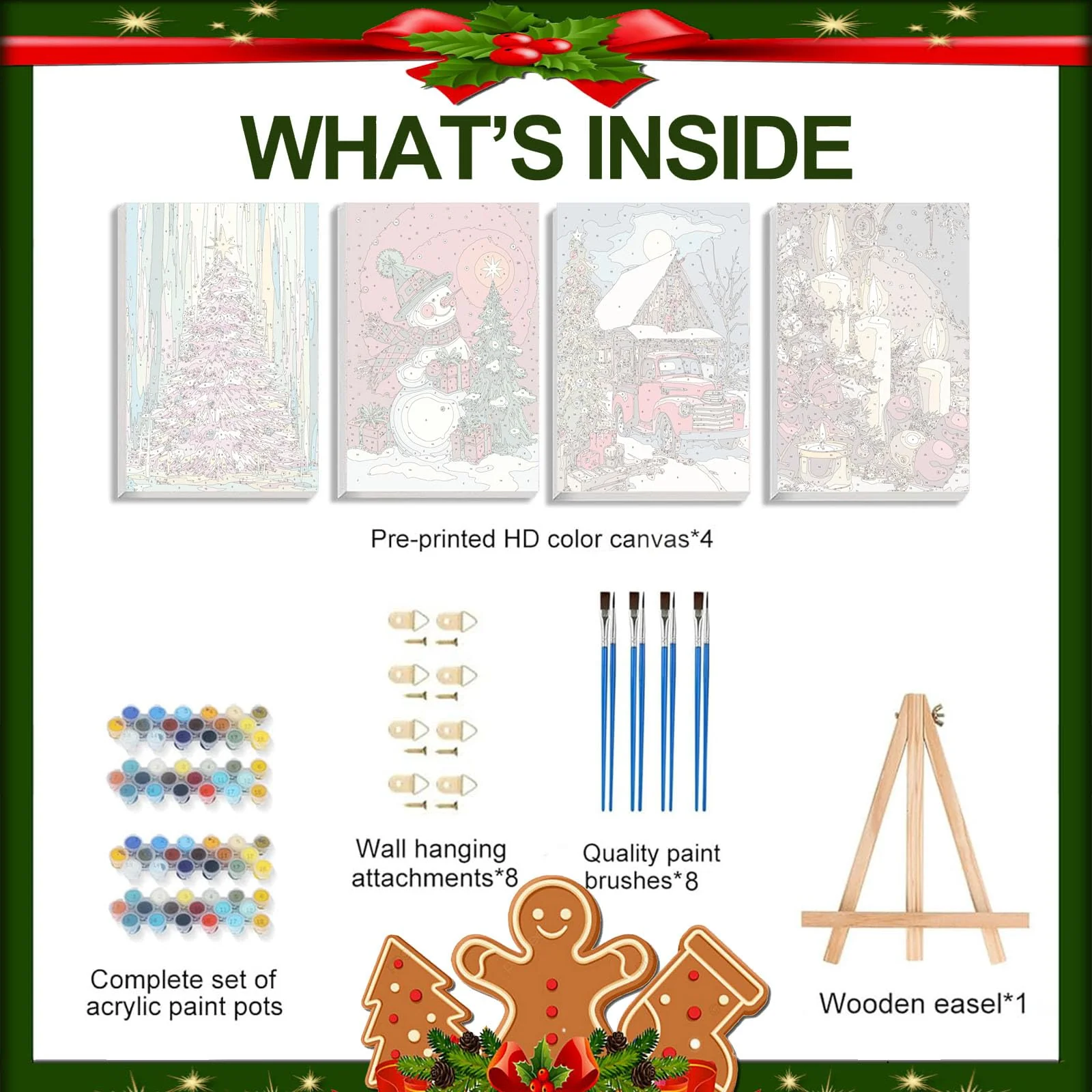 4 Pack Paint by Numbers Kit for Adults - Wooden Easel, Christmas Paint by Numbers with Frame, Christmas Adult Painting by Number Kits on Canvas, Easy Oil Painting Arts Gift Wall Decor 8x12inch - Image 3