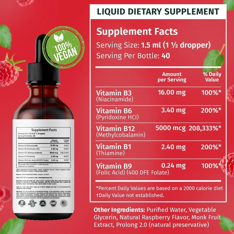 (4 Pack) Vitamin B12 Liquid Drops, Vegan B12 Sublingual 5000 mcg, Methylcobalamin B12, Liquid B12 Drops, Vitamin B12 Sublingual Supports Energy, Brain & Heart with 27,200 mcg Per Serving, 80 Servings - Image 3