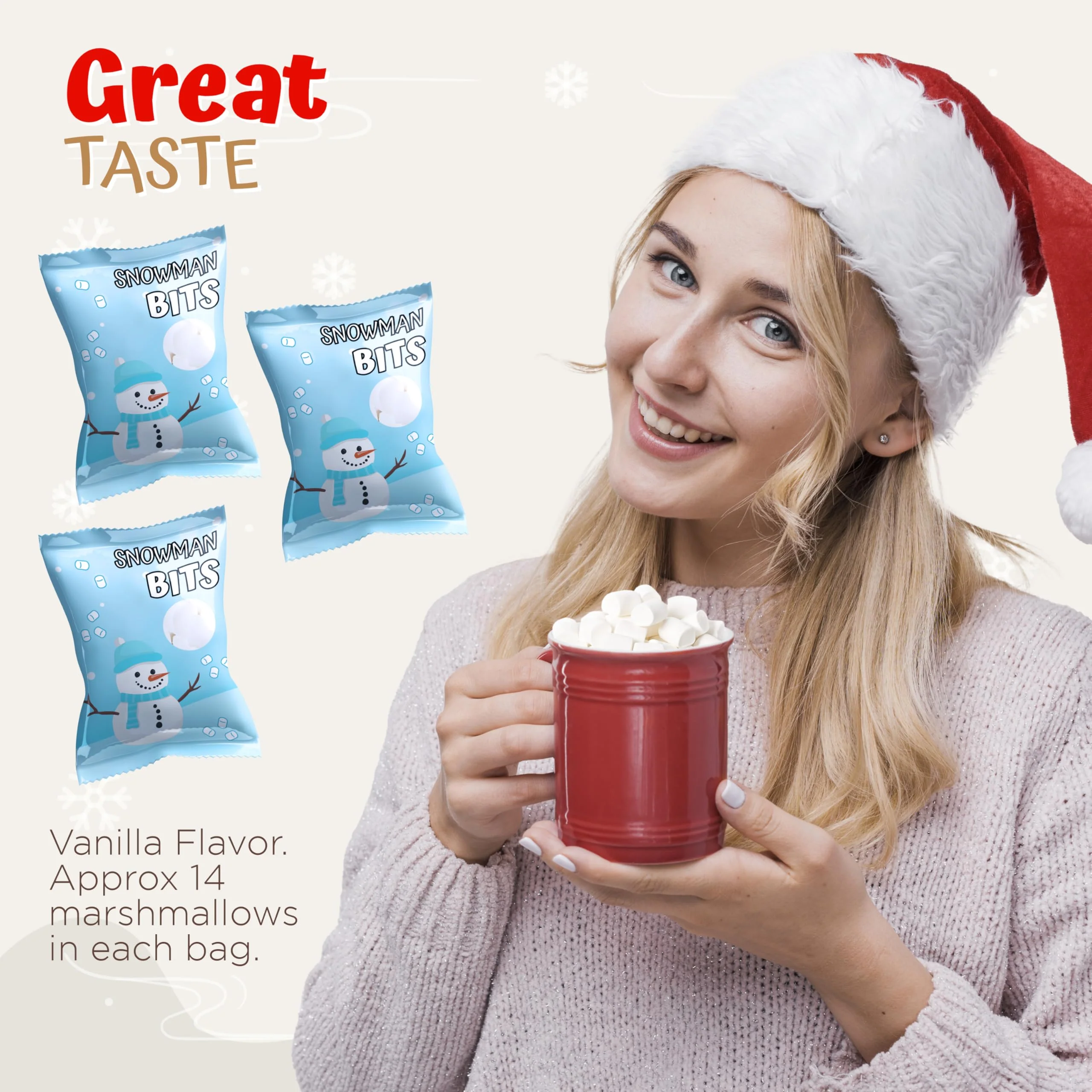 4E's Novelty 50 Packs "Snowman Bits" Mini Marshmallow Packets, Vanilla Flavored, 14 Marshmallows in Each Bag, Bulk Individually Wrapped Christmas Marshmallows For Hot Chocolate Bar Supplies Party Treats - Image 4