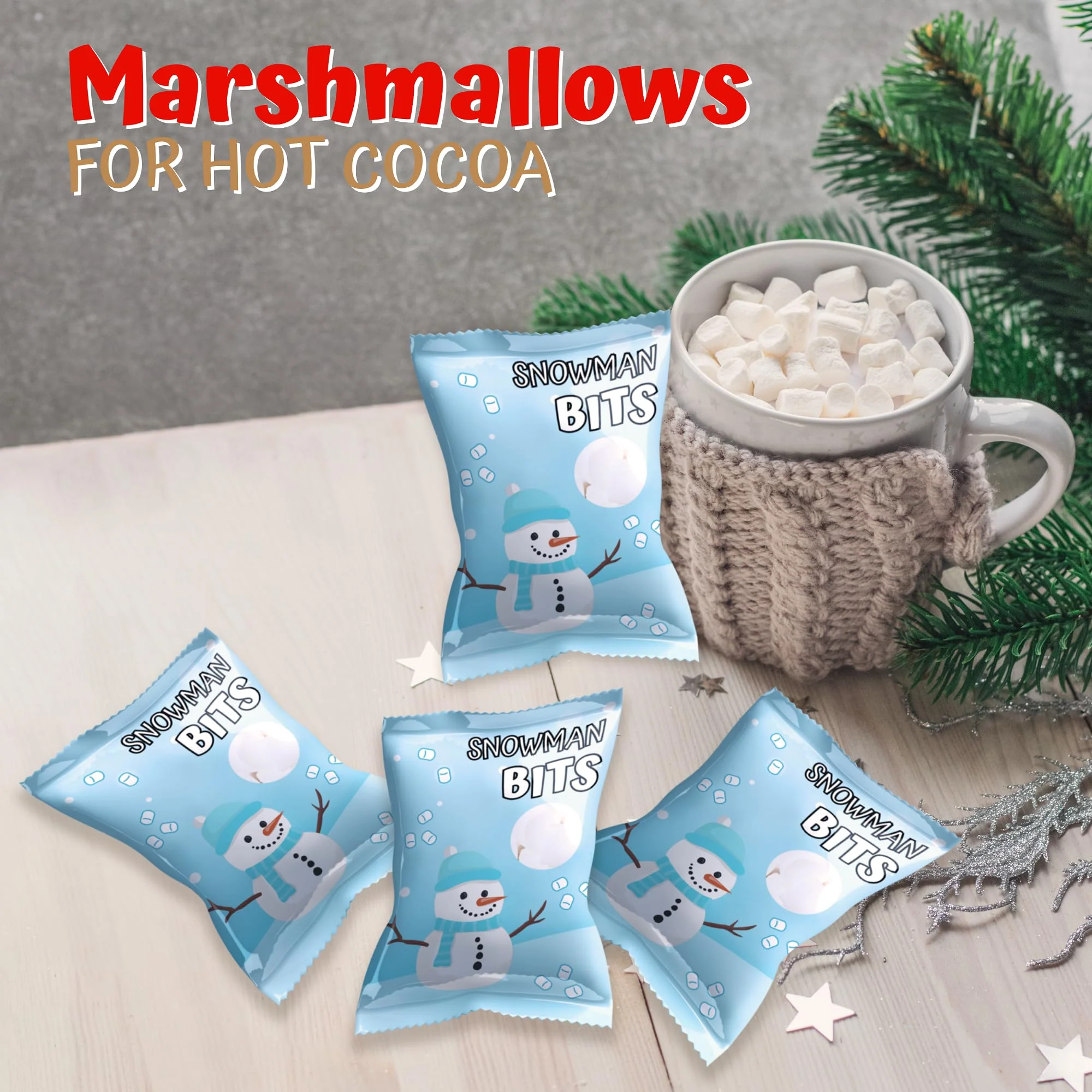 4E's Novelty 50 Packs "Snowman Bits" Mini Marshmallow Packets, Vanilla Flavored, 14 Marshmallows in Each Bag, Bulk Individually Wrapped Christmas Marshmallows For Hot Chocolate Bar Supplies Party Treats - Image 7