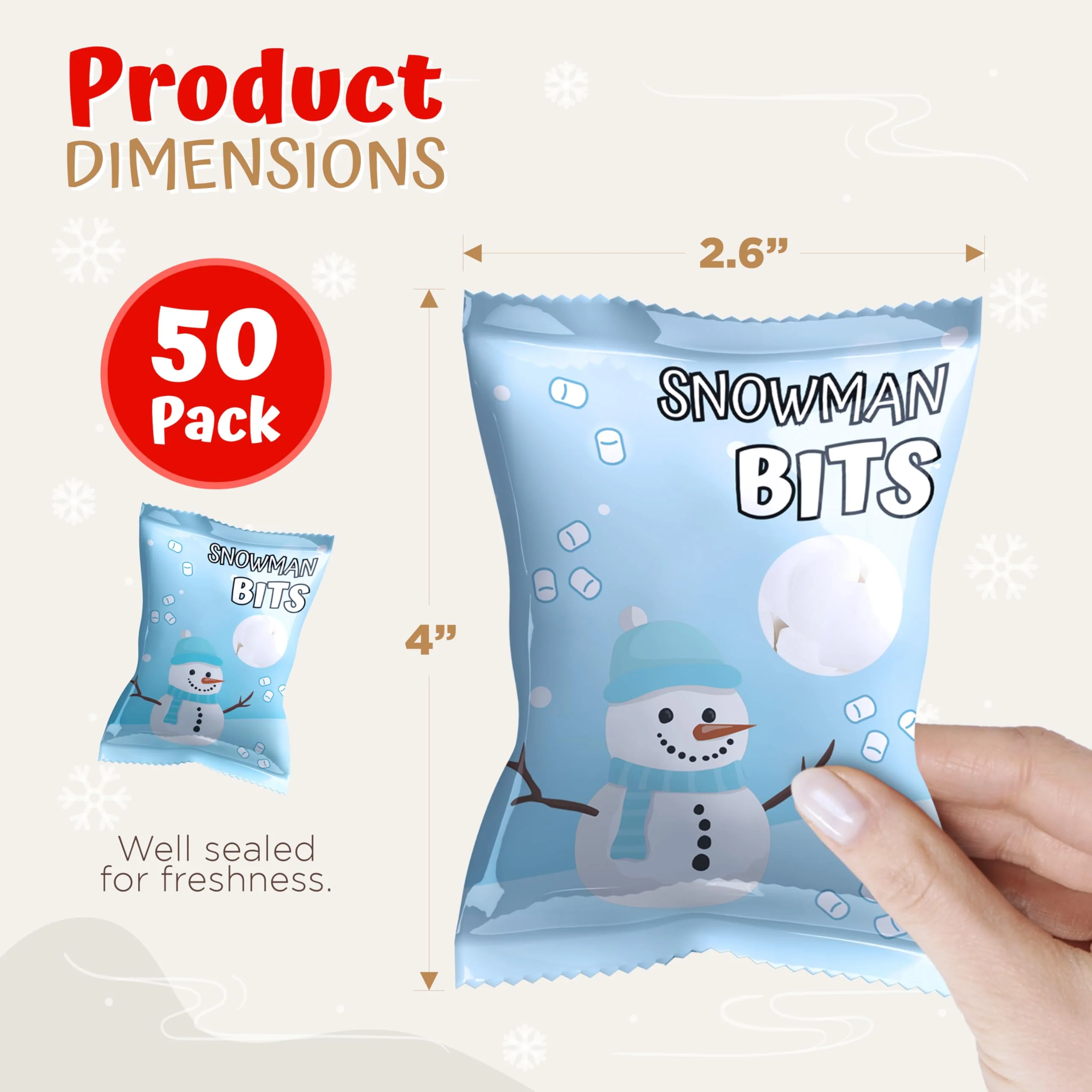 4E's Novelty 50 Packs "Snowman Bits" Mini Marshmallow Packets, Vanilla Flavored, 14 Marshmallows in Each Bag, Bulk Individually Wrapped Christmas Marshmallows For Hot Chocolate Bar Supplies Party Treats - Image 8