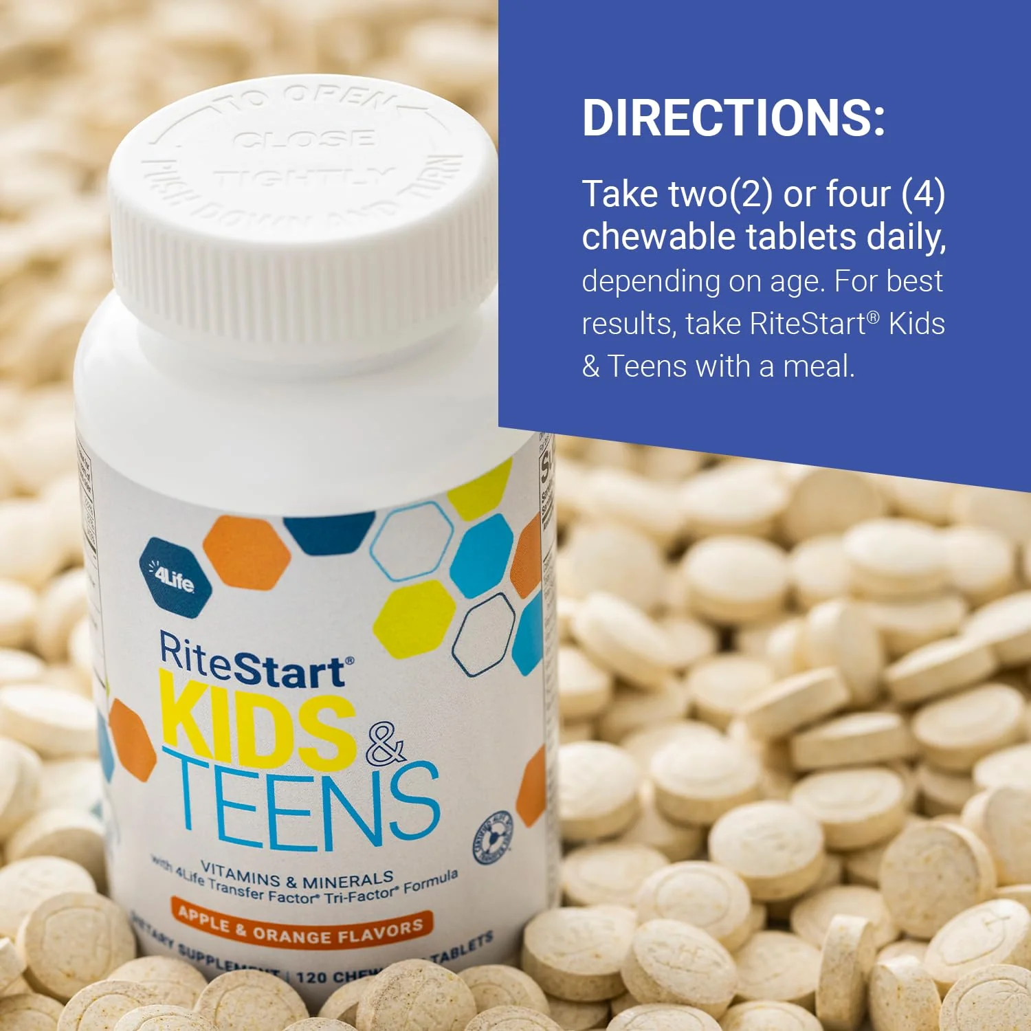 4Life RiteStart Kids and Teens- Apple, Orange Flavors, 22 Essential Vitamins, Minerals, Immune System and Brain Support Ages 2+ - 120 Chewable Tablets - Image 3
