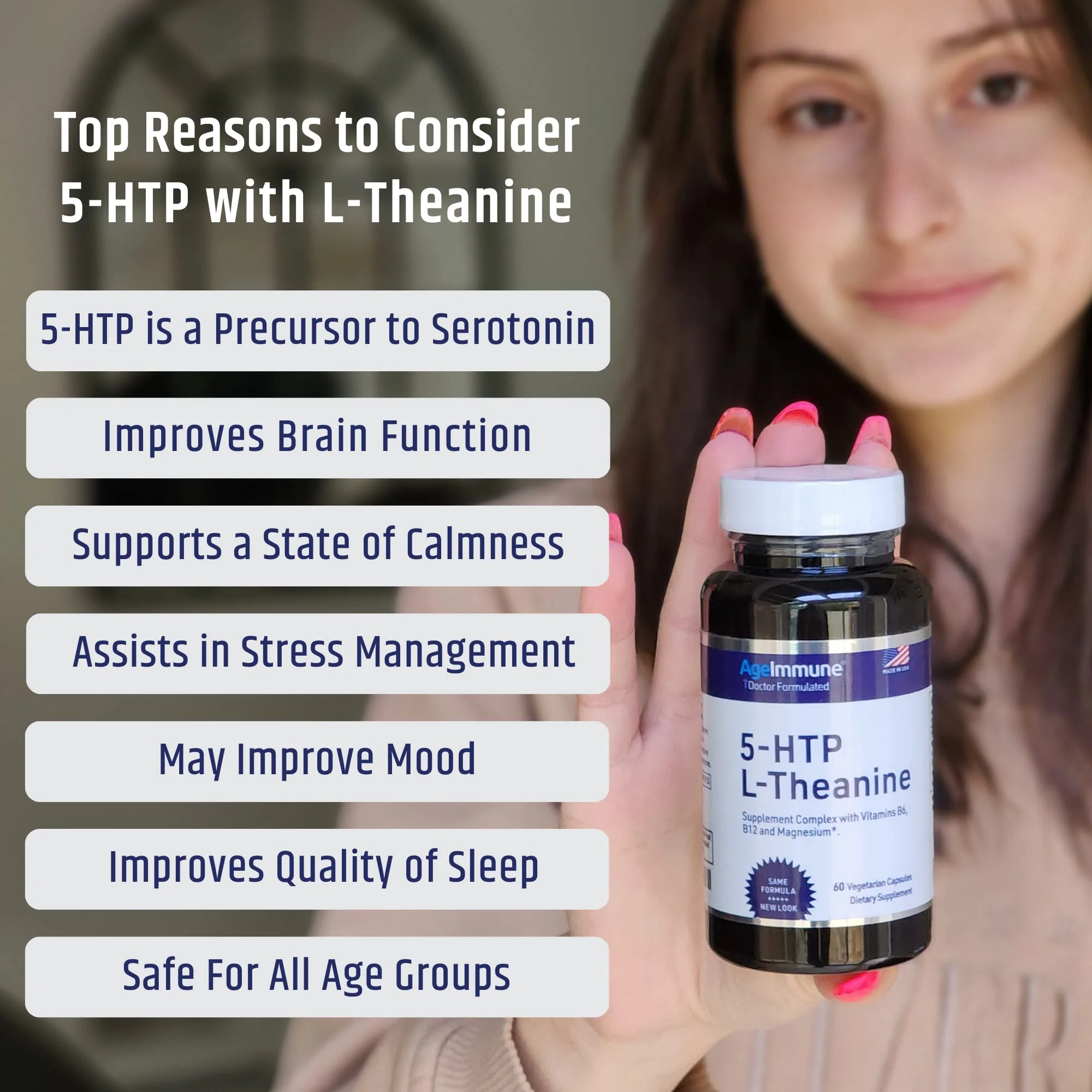5-HTP Formula for Stress Relief and relaxation support for Teens and Adults with 5-HTP, L-Theanine, Vitamin B6, Vitamin B12, Magnesium - Doctor Formulated - Magnesium Stearate Free - 60 capsules. - Image 4