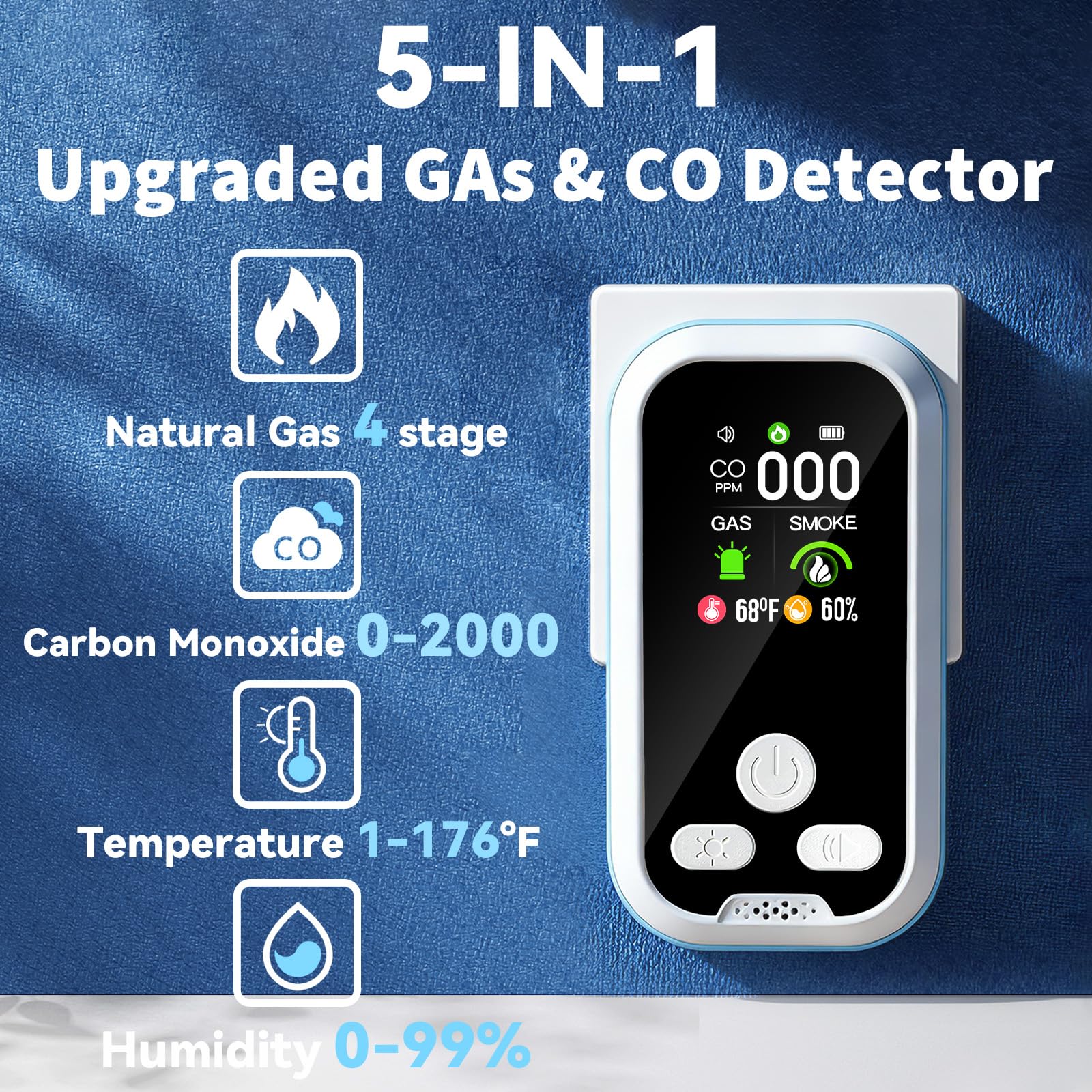 5-in-1 Carbon Monoxide Detector 2 Pack Combo with LCD Display, Detects CO, Natural Gas, Smoke, Temperature, Humidity for Home, Hotel, RV, Apartment Safety, Monoxide Alarm HD Screen - Image 8