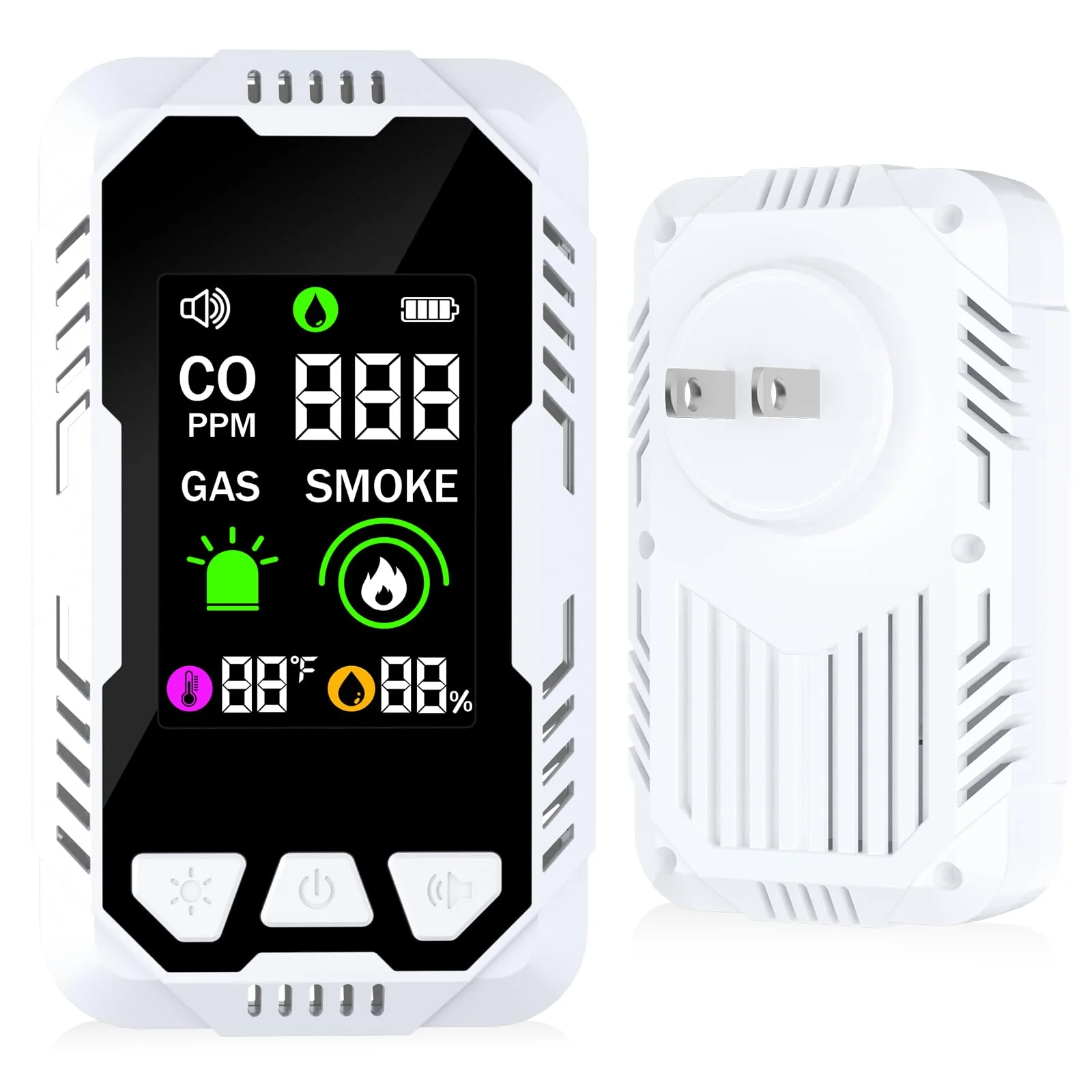 5-in-1 Carbon Monoxide Detector Combo with LCD Display, Detects CO, Natural Gas, Smoke, Temperature, Humidity for Home Hotel, Camping RV, Apartment Safety, Plug-in Monoxide Alarm HD Screen 1 Pack