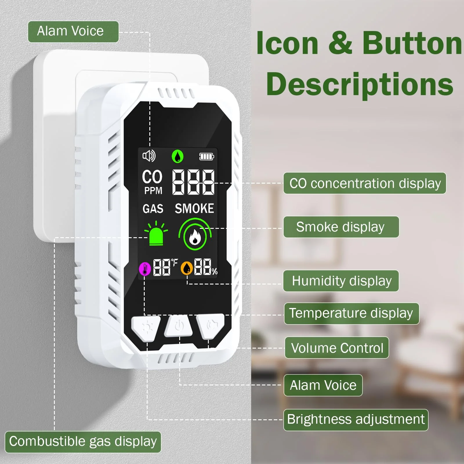 5-in-1 Carbon Monoxide Detector Combo with LCD Display, Detects CO, Natural Gas, Smoke, Temperature, Humidity for Home Hotel, Camping RV, Apartment Safety, Plug-in Monoxide Alarm HD Screen 1 Pack - Image 8