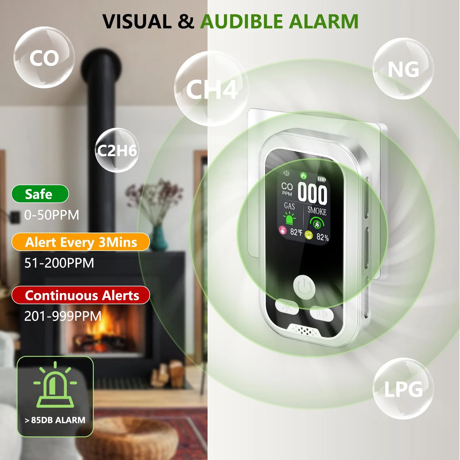 5-in-1 Carbon Monoxide Detectors Combo Smoke, Natural Gas Leak, CO Alarm, Temp/Humidity Sensor, Plug in & Portable Backup Battery CO Detector with HD Display with for Travel, Home, RV (1 Pack) - Image 5