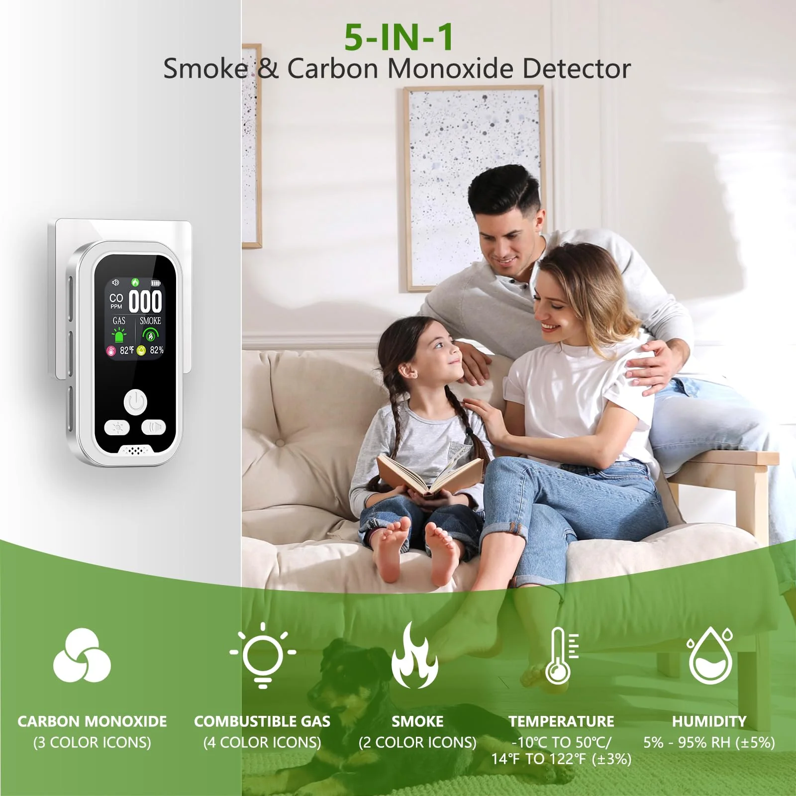 5-in-1 Carbon Monoxide Detectors Combo Smoke, Natural Gas Leak, CO Alarm, Temp/Humidity Sensor, Plug in & Portable Backup Battery CO Detector with HD Display with for Travel, Home, RV (1 Pack) - Image 6