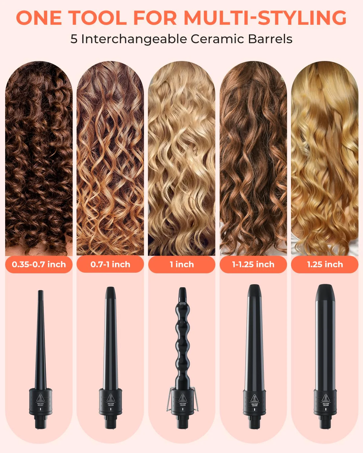 5 in 1 Curling Wand Set: Ohuhu Curling Iron Wand 5Pcs 0.35 to 1.25 Inch Interchangeable Ceramic Barrel Heat Protective Glove 2 Clips Dual Voltage Hair Curler for Girl Women Mother Christmas Gift Black - Image 8