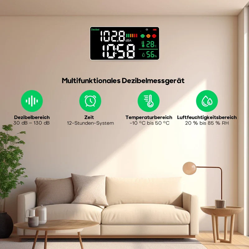 5-in-1 Decibel Meter Wall Mounted DB Meter Sound Level Meter 30-130dB 11 Inch Large LED Display Noise, Time, Temperature & Humidity Meter for Home (Db Meter 2000 mAh) - Image 2