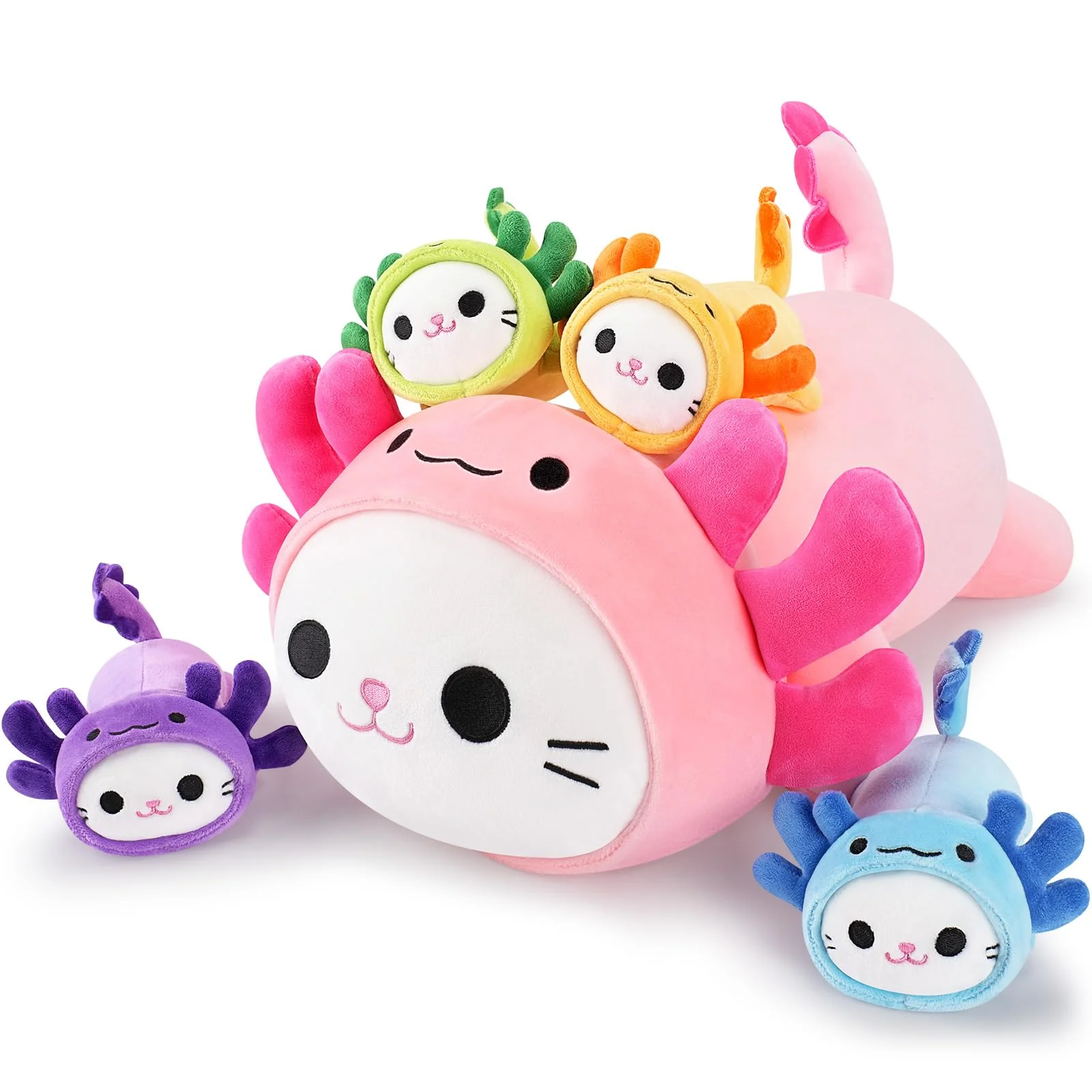 5 PCS Axolotl Cat Plush Stuffed Animal Family-19" Soft Axolotl Cat Plush, Large Mommy Plushies with 4 Baby Kittens Plushies for Kids, Kawaii Plushie Toy Christmas Birthday Gifts for Kids Boys Girls