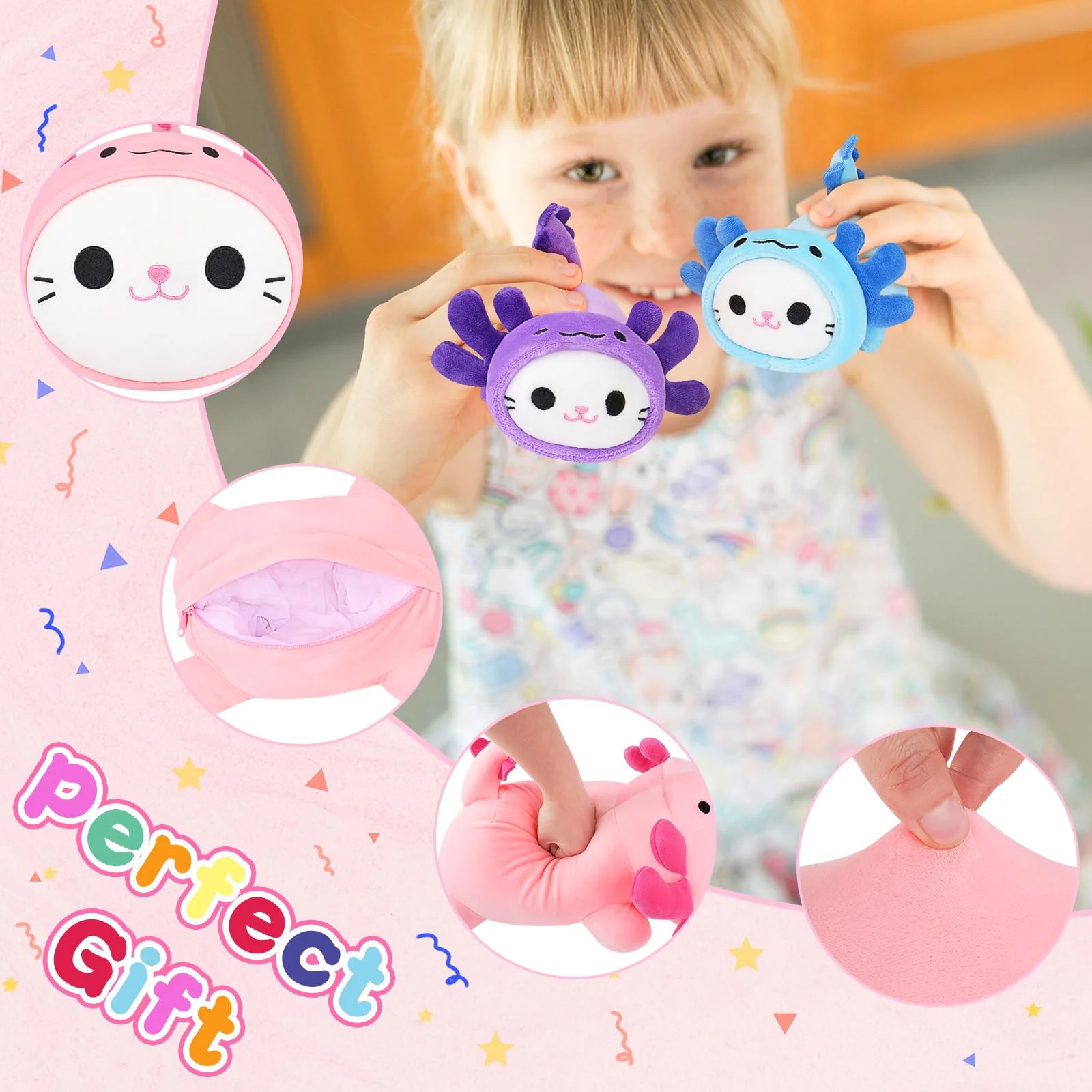 5 PCS Axolotl Cat Plush Stuffed Animal Family-19" Soft Axolotl Cat Plush, Large Mommy Plushies with 4 Baby Kittens Plushies for Kids, Kawaii Plushie Toy Christmas Birthday Gifts for Kids Boys Girls - Image 4