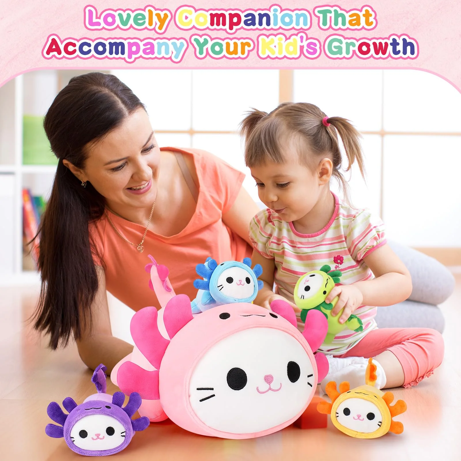 5 PCS Axolotl Cat Plush Stuffed Animal Family-19" Soft Axolotl Cat Plush, Large Mommy Plushies with 4 Baby Kittens Plushies for Kids, Kawaii Plushie Toy Christmas Birthday Gifts for Kids Boys Girls - Image 5