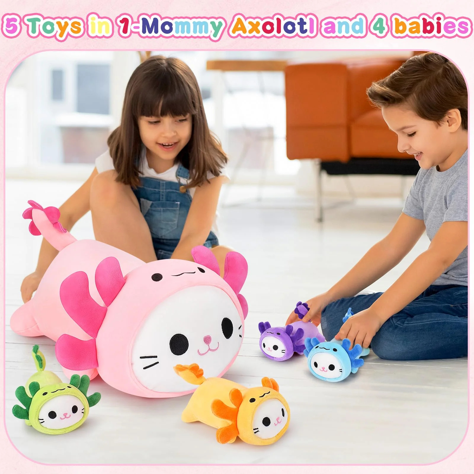 5 PCS Axolotl Cat Plush Stuffed Animal Family-19" Soft Axolotl Cat Plush, Large Mommy Plushies with 4 Baby Kittens Plushies for Kids, Kawaii Plushie Toy Christmas Birthday Gifts for Kids Boys Girls - Image 6