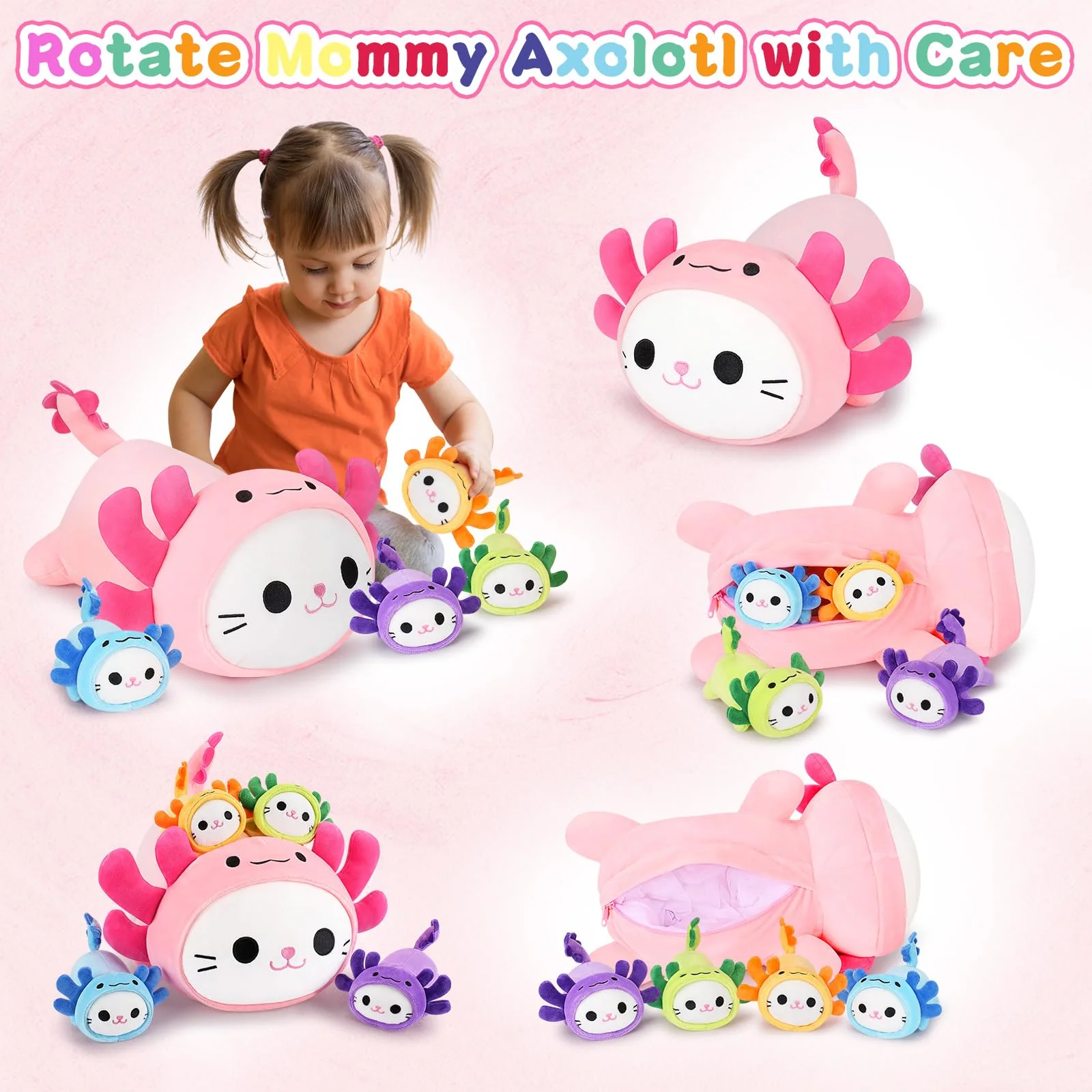 5 PCS Axolotl Cat Plush Stuffed Animal Family-19" Soft Axolotl Cat Plush, Large Mommy Plushies with 4 Baby Kittens Plushies for Kids, Kawaii Plushie Toy Christmas Birthday Gifts for Kids Boys Girls - Image 7
