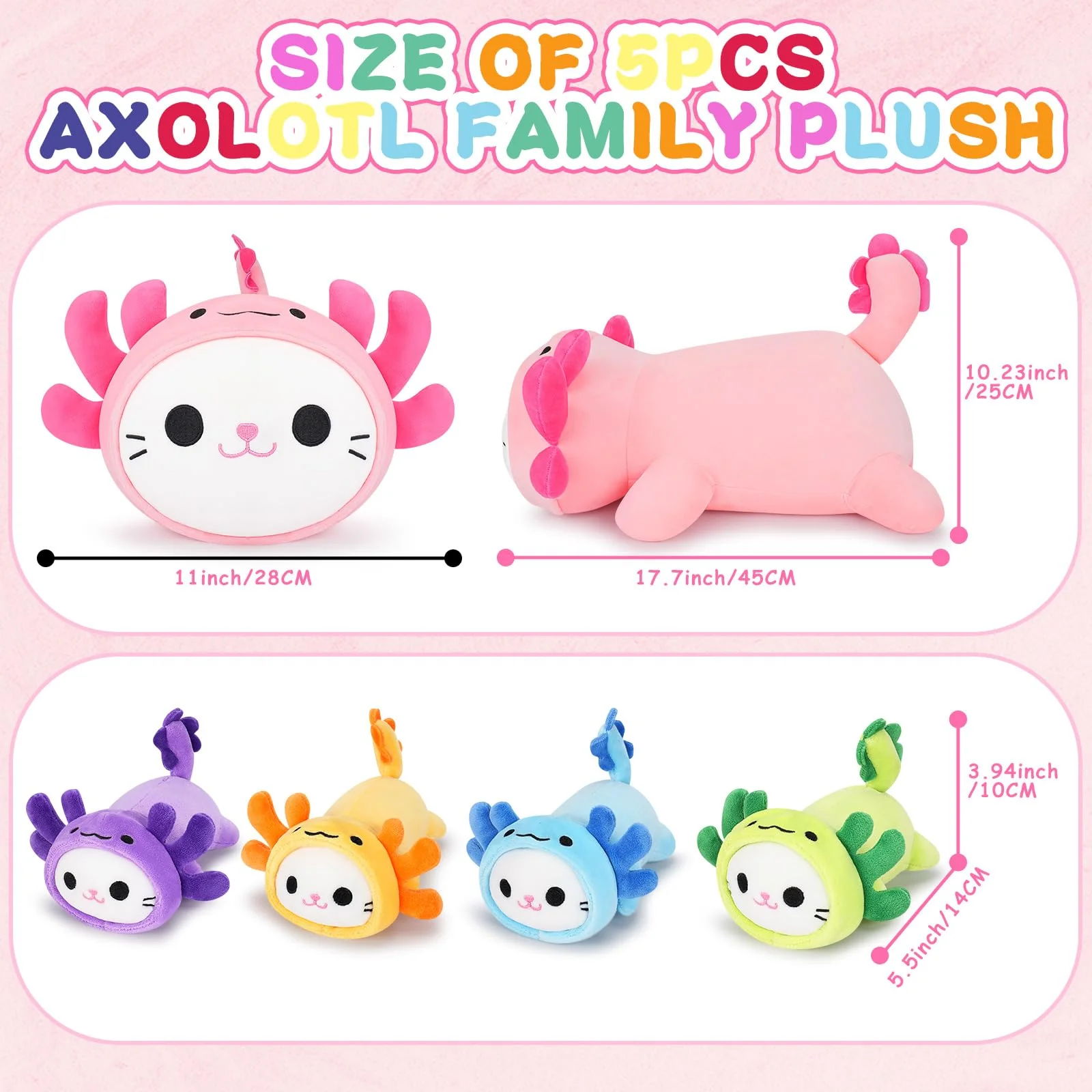 5 PCS Axolotl Cat Plush Stuffed Animal Family-19" Soft Axolotl Cat Plush, Large Mommy Plushies with 4 Baby Kittens Plushies for Kids, Kawaii Plushie Toy Christmas Birthday Gifts for Kids Boys Girls - Image 8