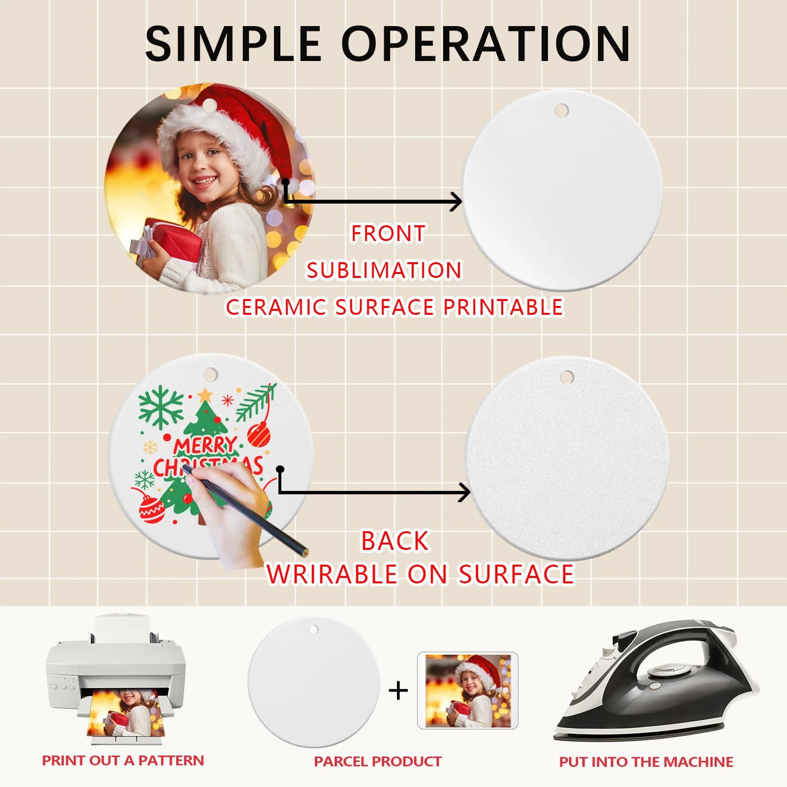 50 PCS Ceramic Sublimation Ornament Blanks Bulk 3 Inch White Round Crafts DIY Personalized Printed Home Porcelain Paintable Christmas Decorations - Image 4