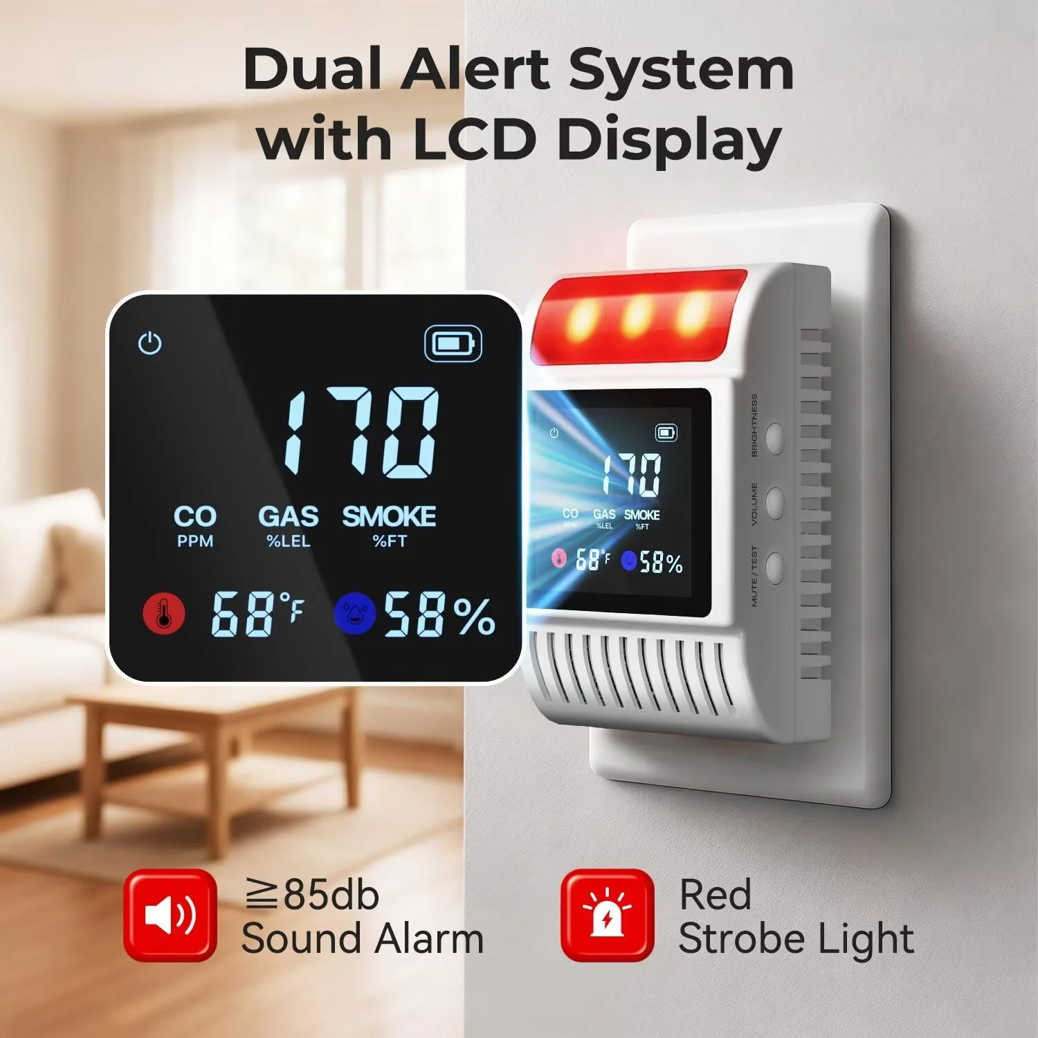 6-in-1 Smoke and Carbon Monoxide Detectors Plug in, Gas Leak Detector with Battery Backup Slot, Adjustable Brightness & Volume Levels, Smoke Alarm with Temp/Humidity for Home, RV, Travel(MR818,1-Pack) - Image 6