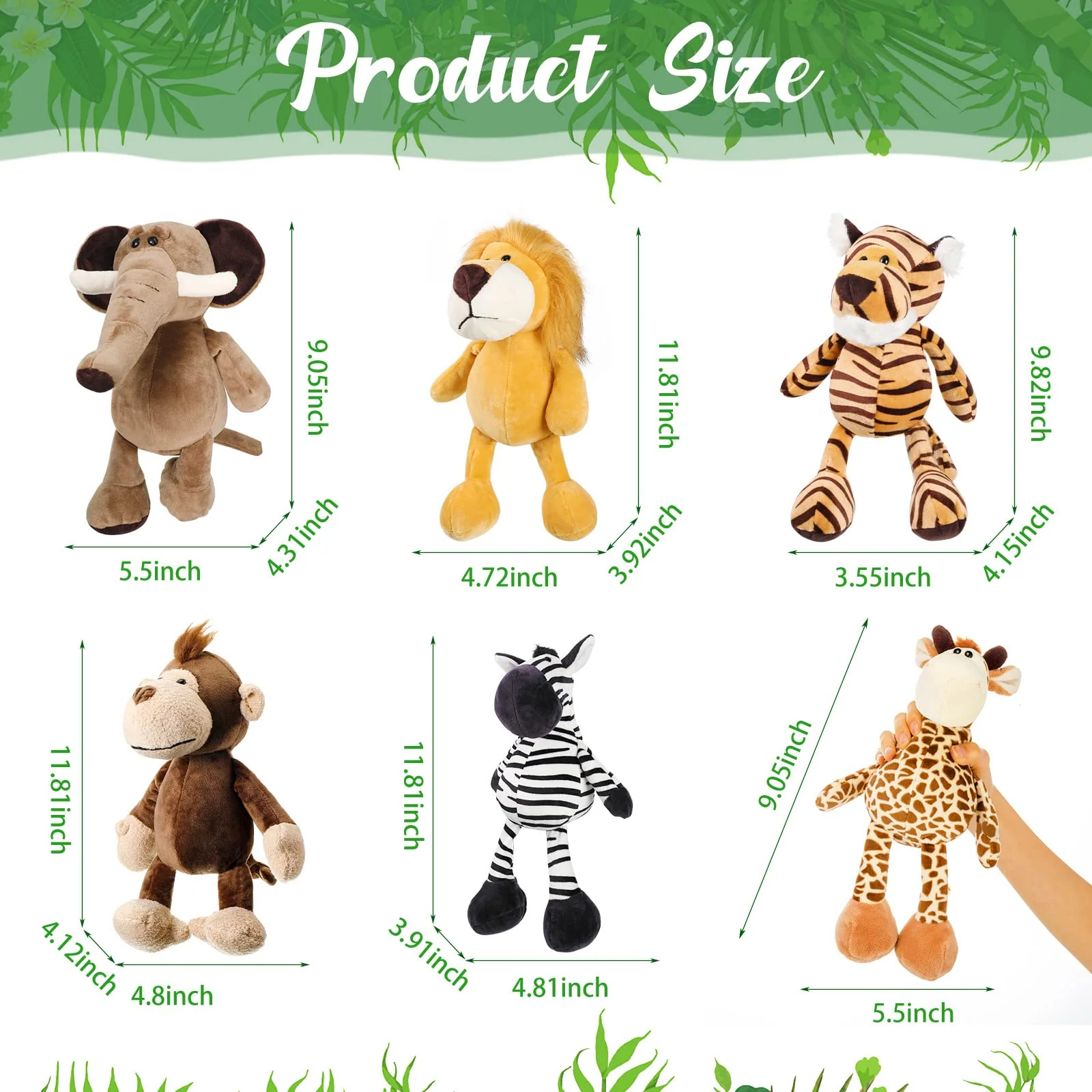 6 Pieces Safari Stuffed Animals Plush Jungle Animal Toys Set for Boys Girls, Lion Elephant Zebra Giraffe Tiger Monkey for Animal Themed Parties Student Award Christmas (Cute Style) - Image 7