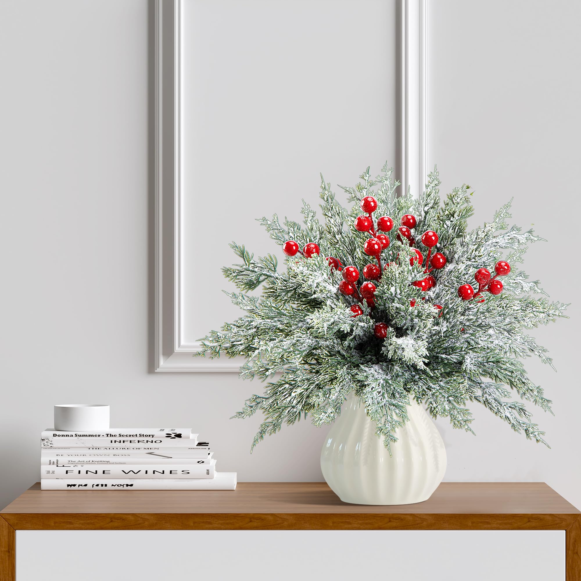 60 Pcs Artificial Christmas Snow Pine Branches with Red Berry Stems, Snowy Faux Greenery Norfolk Pine Cypress Leaves Stems, Berries White Frosted Fake Foliage Pine Needle Picks for Garland Home Decor - Image 2