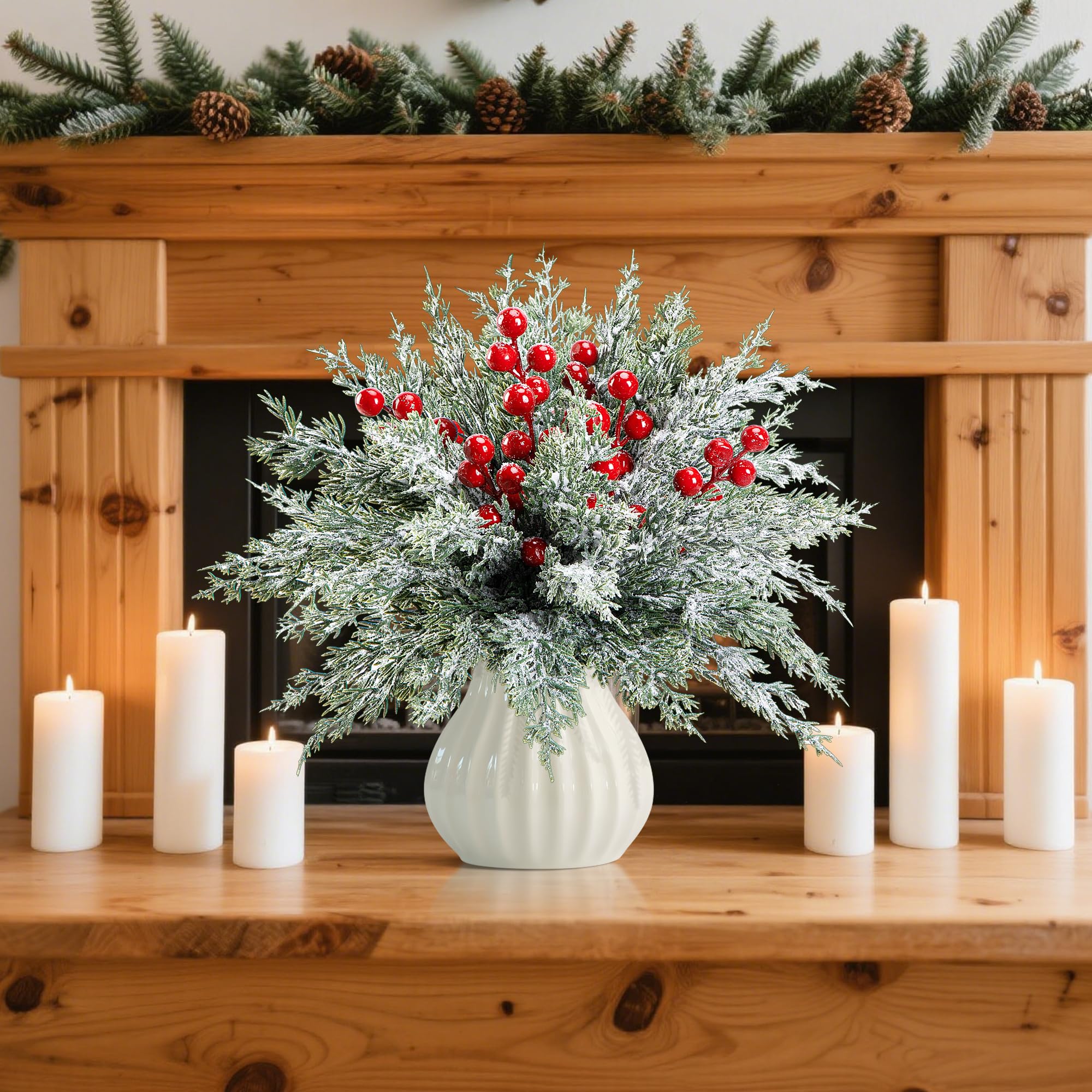 60 Pcs Artificial Christmas Snow Pine Branches with Red Berry Stems, Snowy Faux Greenery Norfolk Pine Cypress Leaves Stems, Berries White Frosted Fake Foliage Pine Needle Picks for Garland Home Decor - Image 3