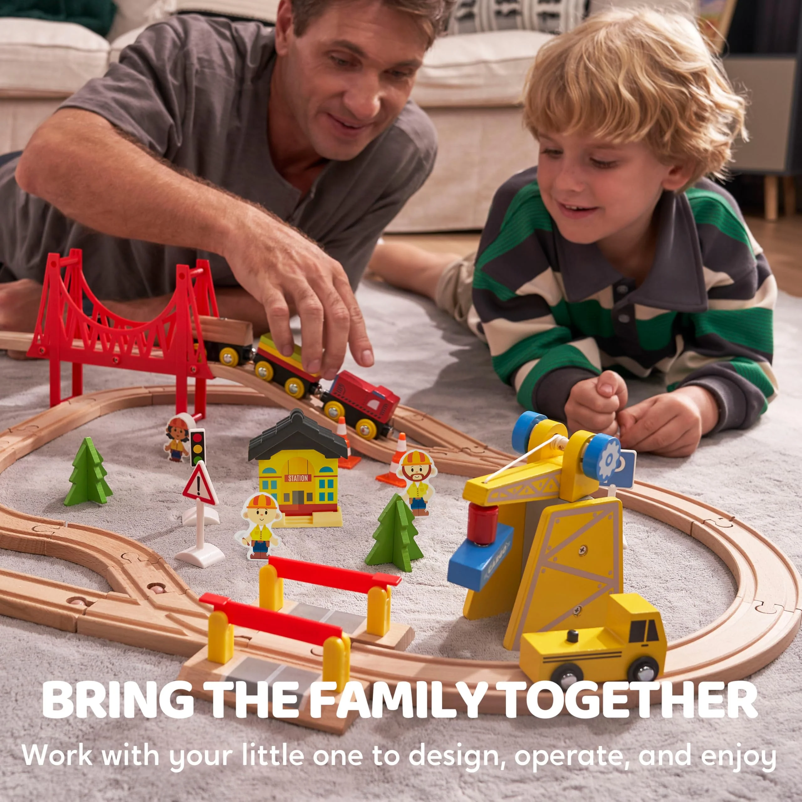 60PCS Wooden Train Set - Toy Magnetic Trains with Wooden Track Set for Kids Ages 3-8, Construction Crane Railway Set, Perfect Christmas Birthday Gift for Grandkids Toddlers Boys Girls - Image 3