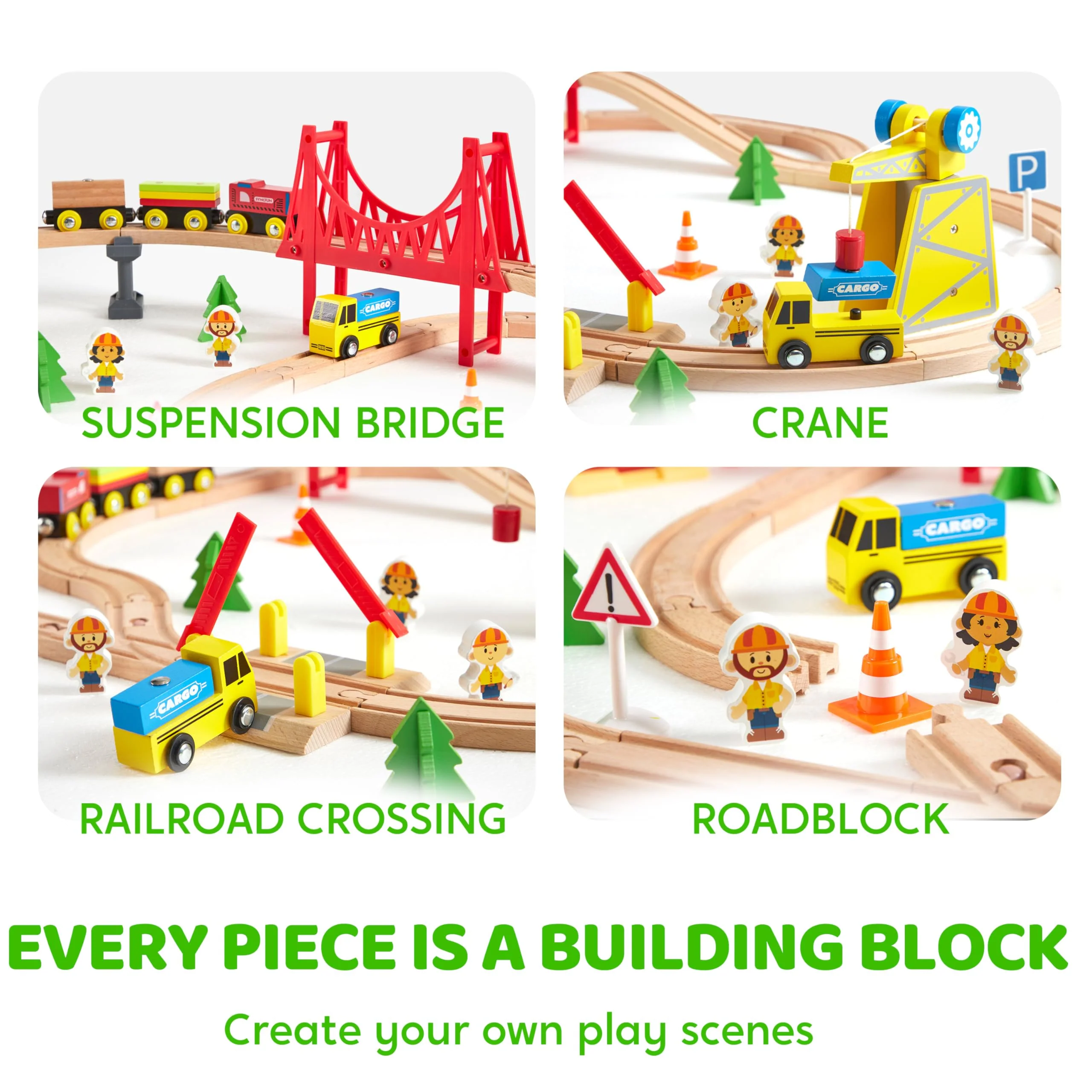 60PCS Wooden Train Set - Toy Magnetic Trains with Wooden Track Set for Kids Ages 3-8, Construction Crane Railway Set, Perfect Christmas Birthday Gift for Grandkids Toddlers Boys Girls - Image 4