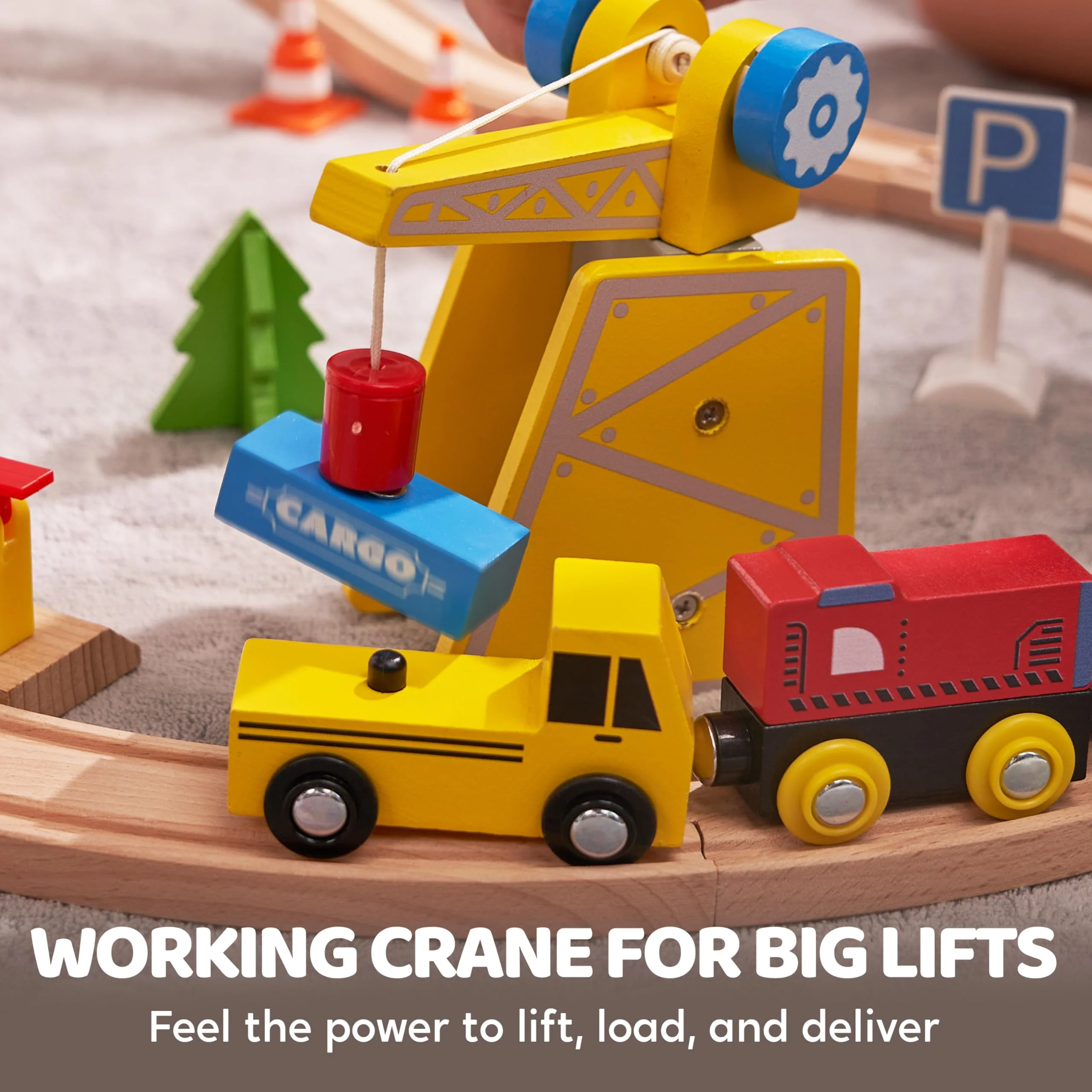60PCS Wooden Train Set - Toy Magnetic Trains with Wooden Track Set for Kids Ages 3-8, Construction Crane Railway Set, Perfect Christmas Birthday Gift for Grandkids Toddlers Boys Girls - Image 5