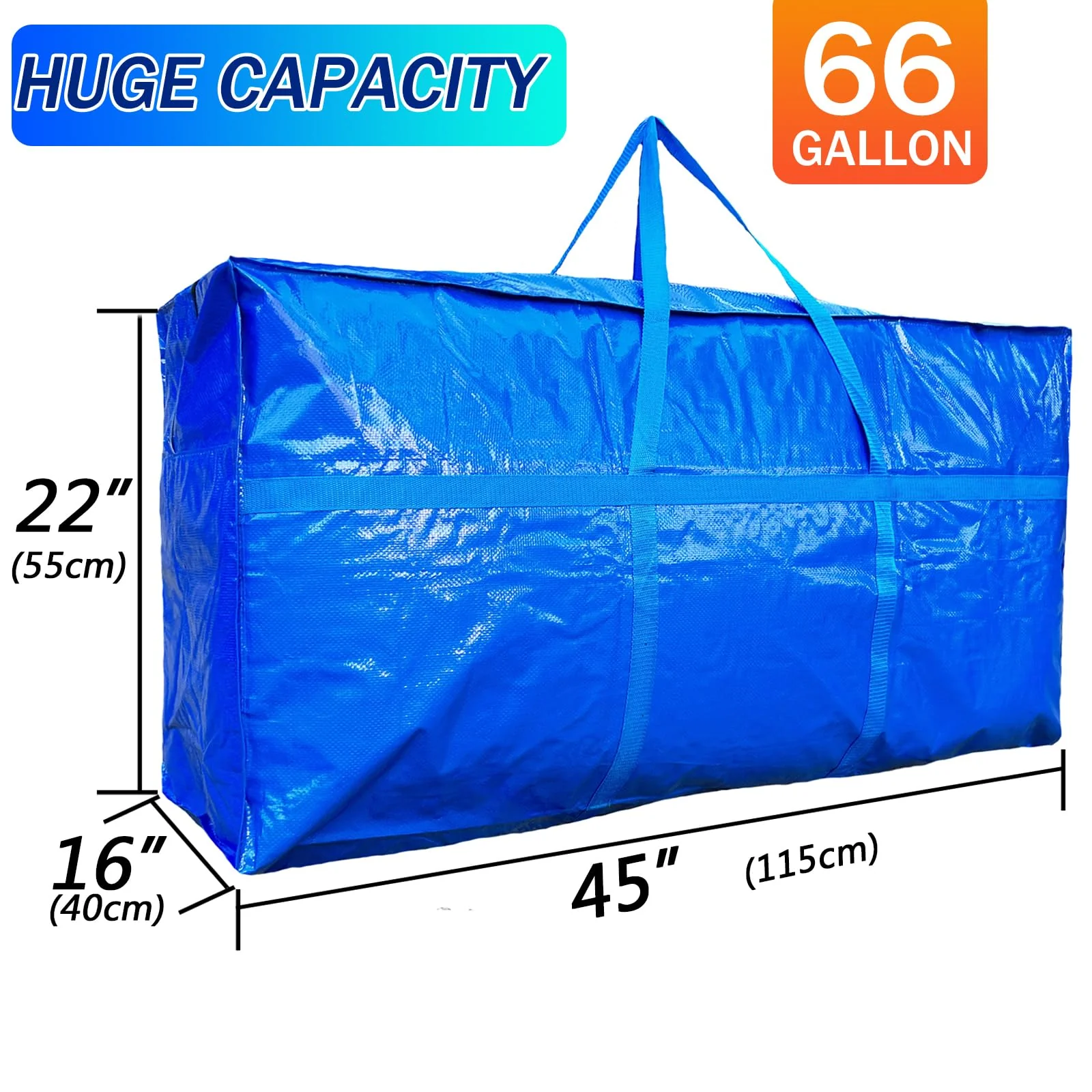 66 Gallon Extra Large Storage Bags, Huge Moving Bags Heavy Duty with Zipper and Stronger Handles, Big Foldable Duffle Bag for Travel, Storage Totes Moving Boxes for College, Christmas Tree,Blue,2 Pack - Image 6