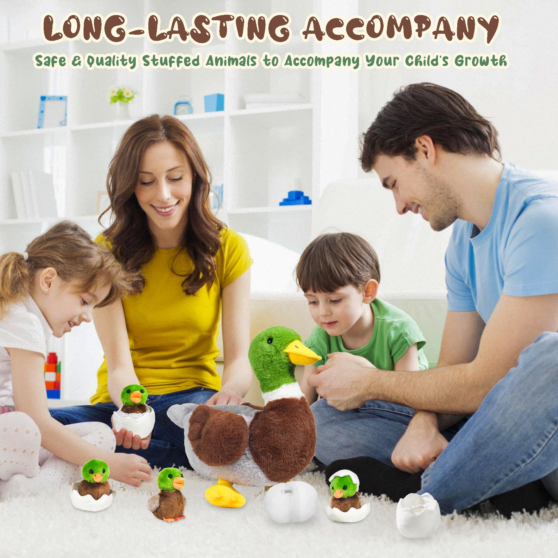7 in 1 Mallard Duck Stuffed Animals Duck Plush Toys, 12" Zipper Mommy Stuffed Ducks with 4 Baby Ducks Ducklings Toy Eggs Plushies Pillow for Kids Birthday Christmas Surprise Gifts Farm Party Decors - Image 4