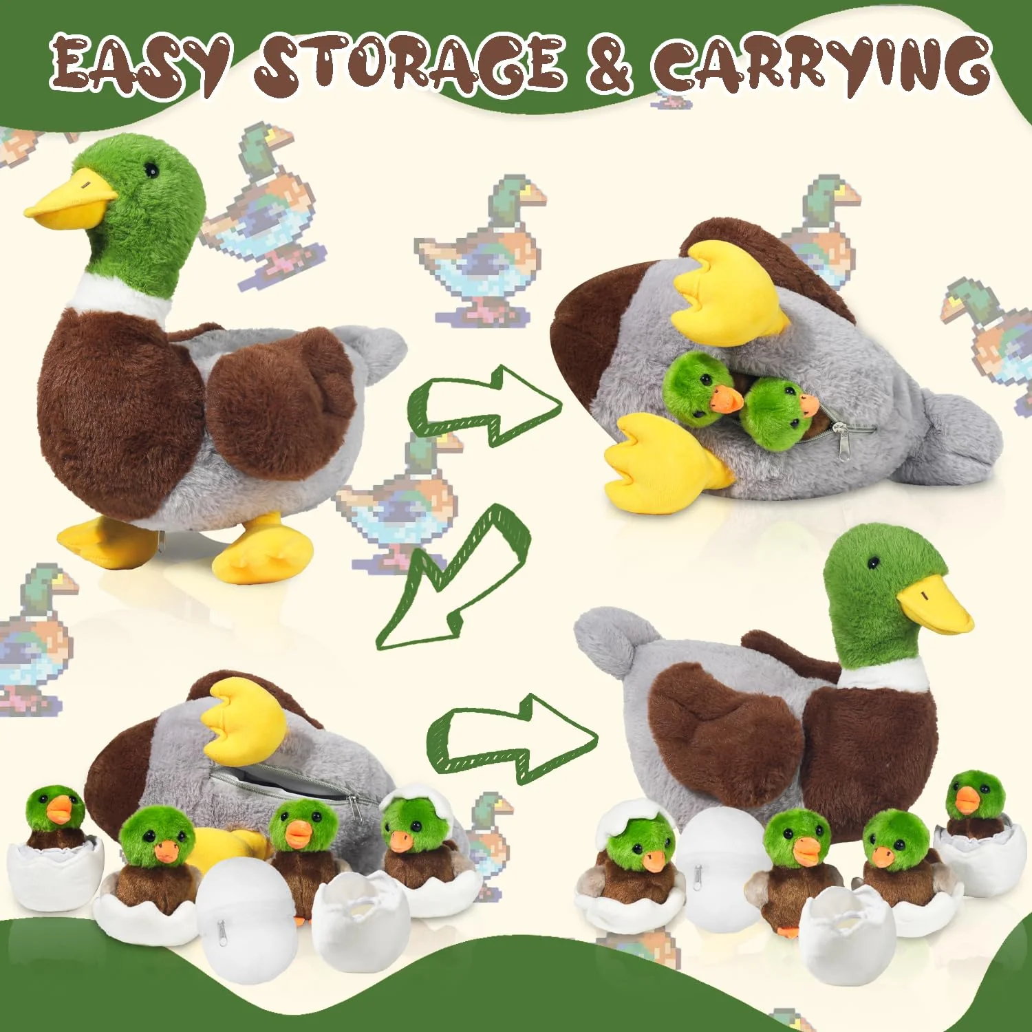 7 in 1 Mallard Duck Stuffed Animals Duck Plush Toys, 12" Zipper Mommy Stuffed Ducks with 4 Baby Ducks Ducklings Toy Eggs Plushies Pillow for Kids Birthday Christmas Surprise Gifts Farm Party Decors - Image 5