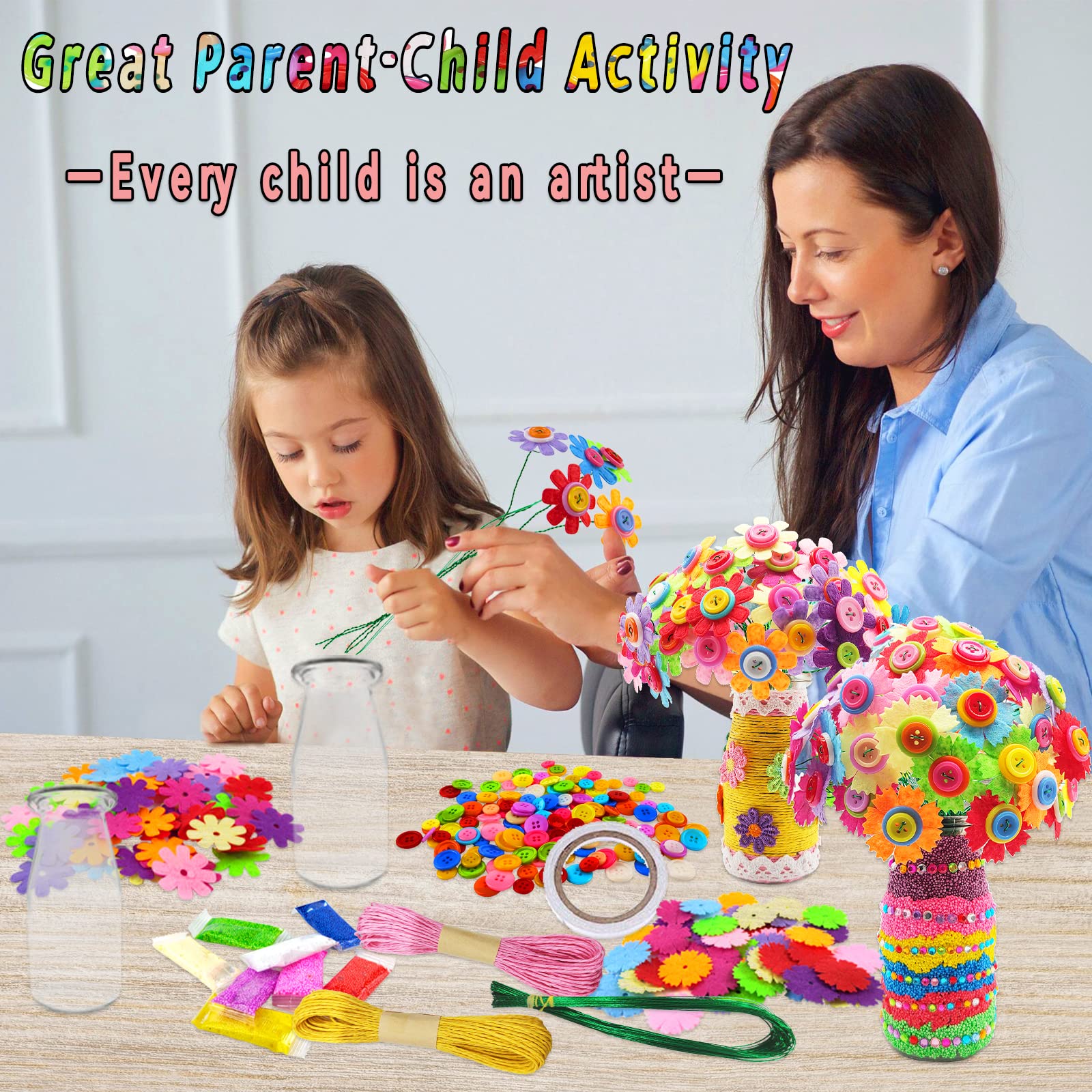 7july Crafts for Girls Ages 6-10 Make Your Own Flower Bouquet with Buttons and Felt Flowers, Vase Art and Craft for Children - DIY Activity Christmas Birthday Gift for Girls Age 6 7 8 9 10 Year Old - Image 6