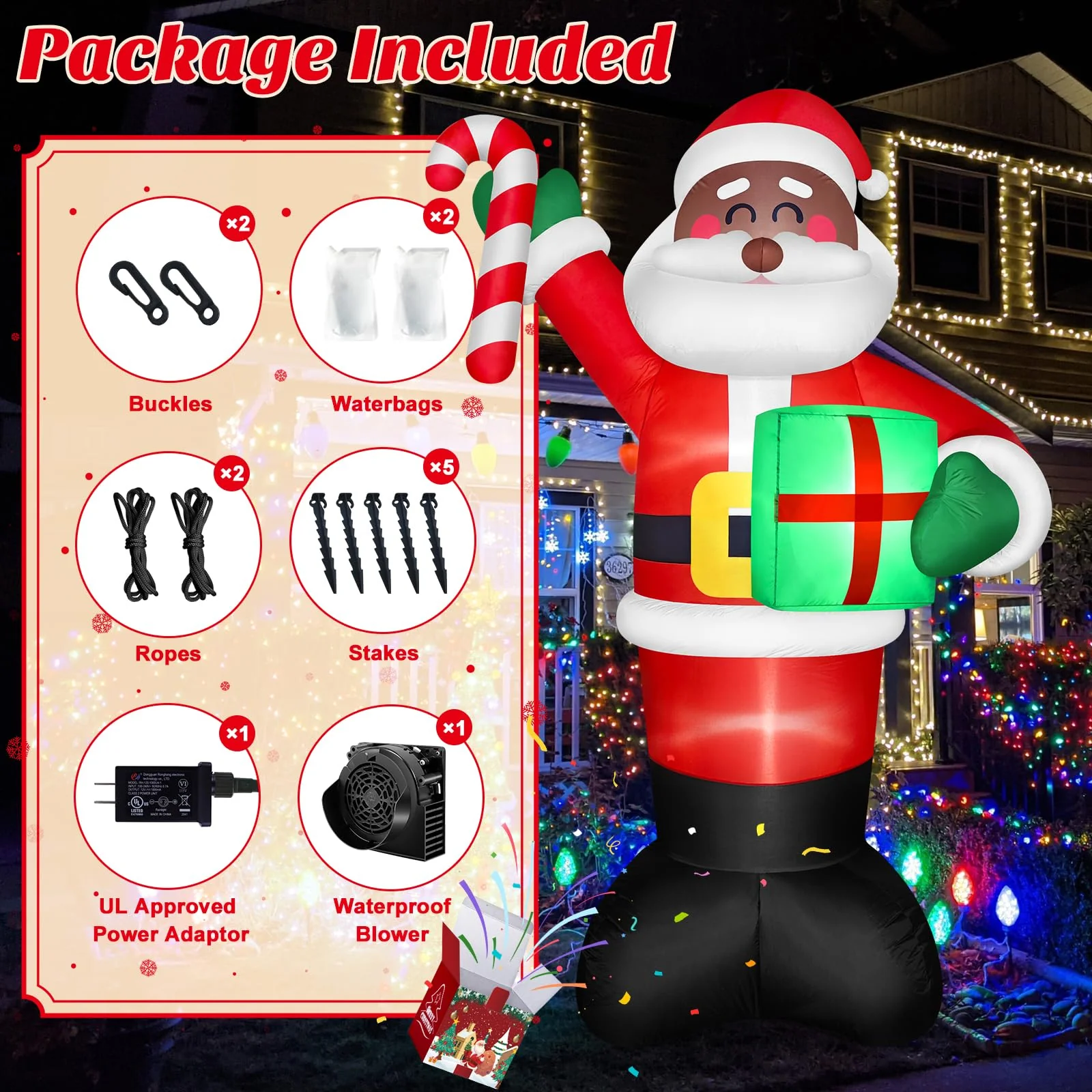 8 FT Tall Giant Black Santa Inflatable Christmas Decorations Outdoor Candy Cane & Gift Box, Build in LED Lights Funny Merry Xmas Blow Ups Yard Decoration for Outside Holiday Winter Indoor Patio Lawn - Image 7