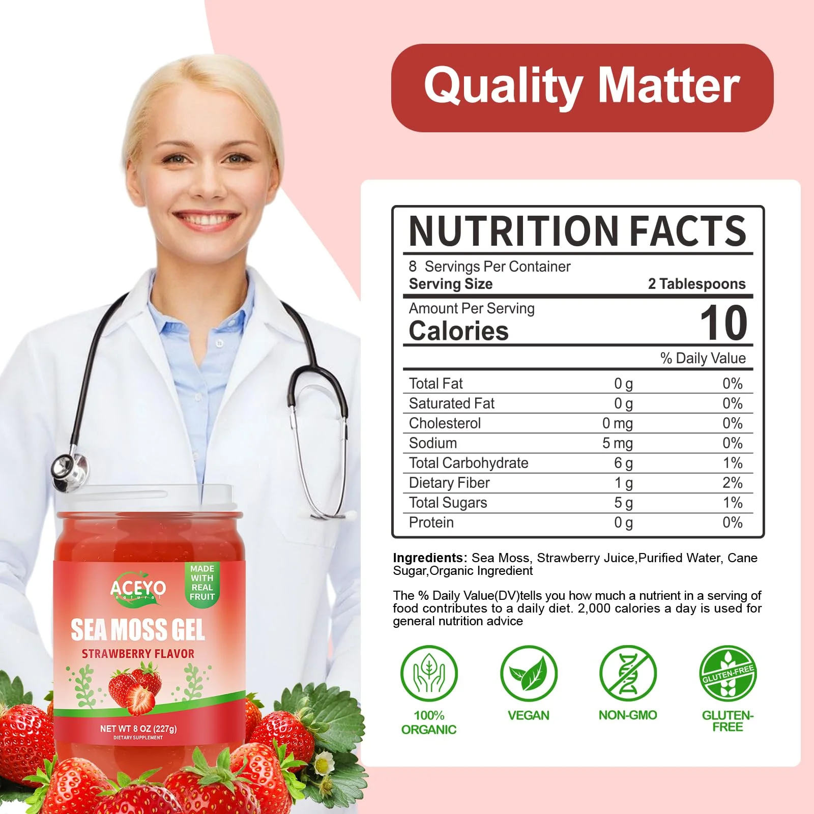 (8 OZ) Natural Sea Moss Gel Raw Strawberry Flavor Irish Seamoss Gel Vegan Women Men 102 Vitamins and Minerals Wild Harvested Non-GMO Immune Defense Booster Lung Thyroid Digestive Support - Image 3