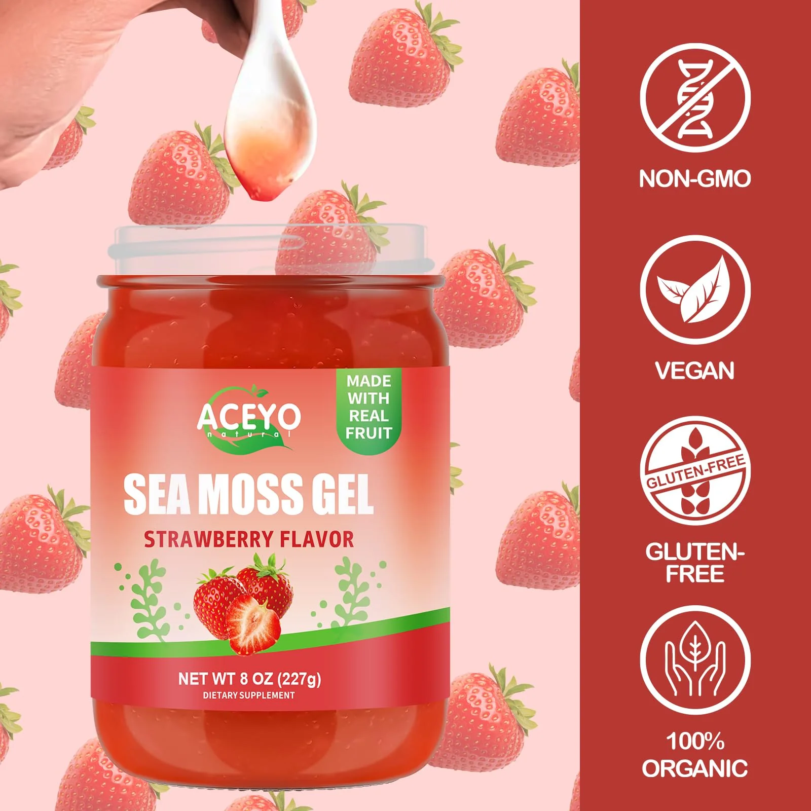 (8 OZ) Natural Sea Moss Gel Raw Strawberry Flavor Irish Seamoss Gel Vegan Women Men 102 Vitamins and Minerals Wild Harvested Non-GMO Immune Defense Booster Lung Thyroid Digestive Support - Image 4