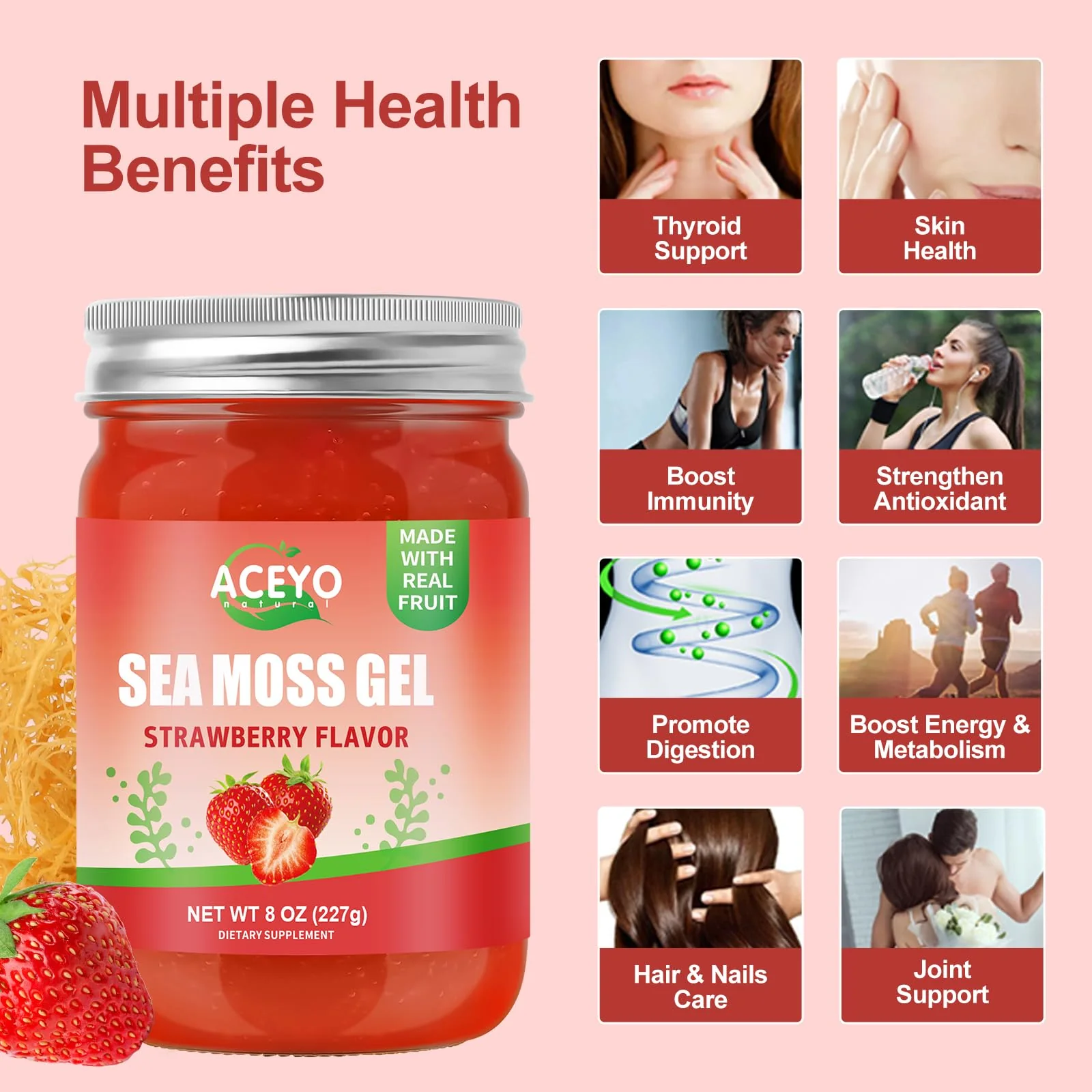 (8 OZ) Natural Sea Moss Gel Raw Strawberry Flavor Irish Seamoss Gel Vegan Women Men 102 Vitamins and Minerals Wild Harvested Non-GMO Immune Defense Booster Lung Thyroid Digestive Support - Image 6