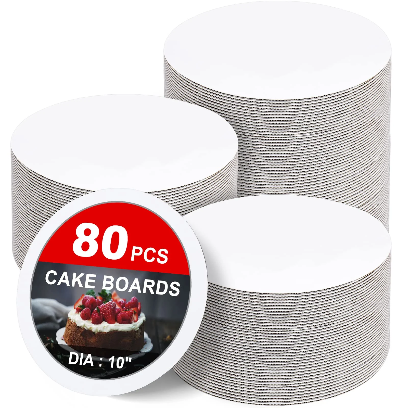 80-Pack Cake Boards 10 inch Round White Cake Circles Rounds Base Food-Grade Cardboard Cake Board for Cakes, Christmas, Bread, Desserts(Thin and strong)