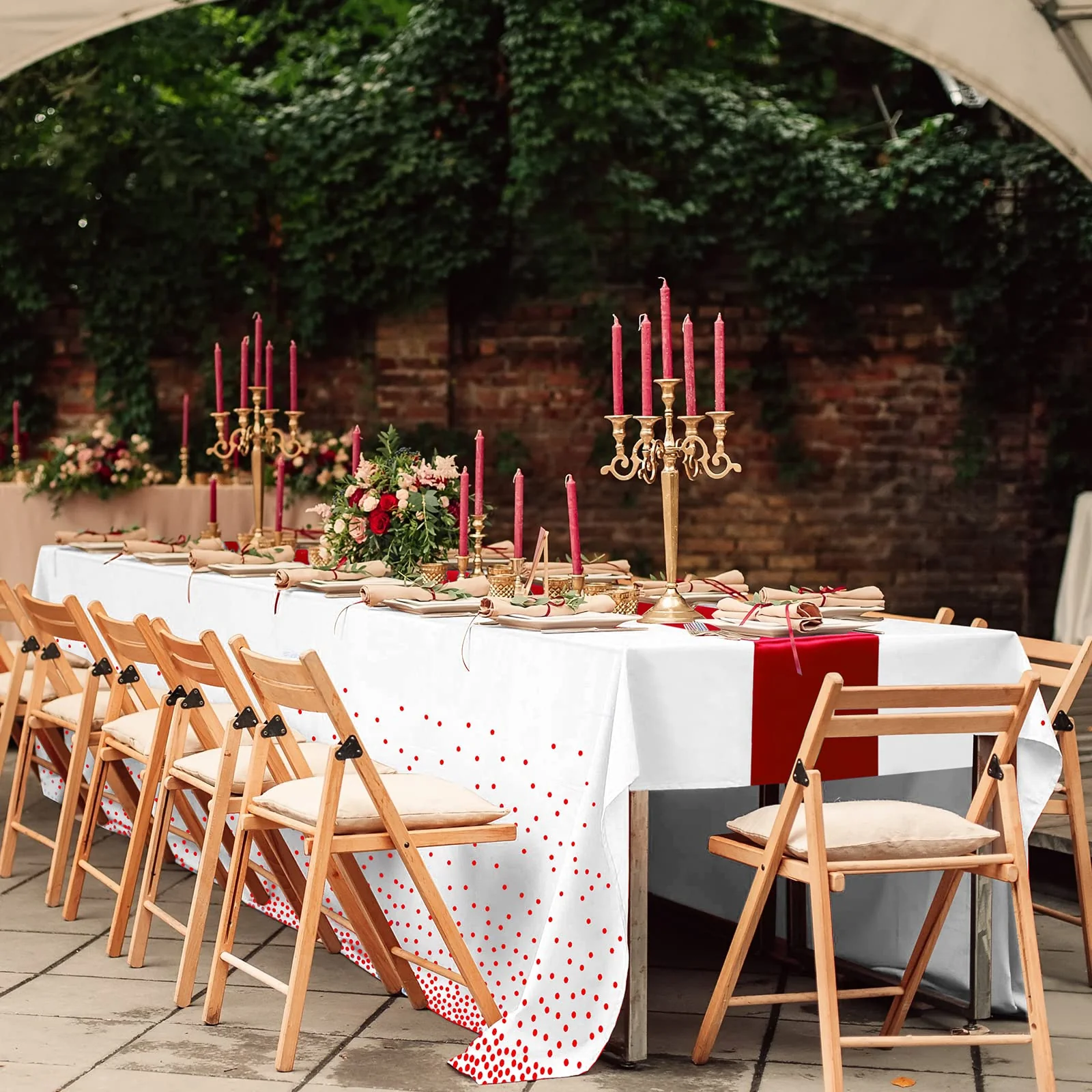 8Pack Disposable Plastic Tablecloths and Satin Table Runner Set White and Red Dot Tablecloth Red Satin Table Runner for Wedding Birthday Baby Shower Anniversary Christmas New Year Party Supplies - Image 2
