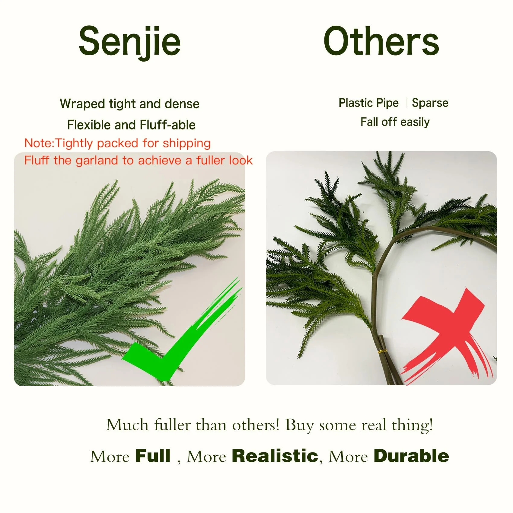 9FT Christmas Garlands Norfolk Pine Garland Real Touch Artificial Faux Greenery Garland for Holiday Indoor Outdoor Decor - Image 9