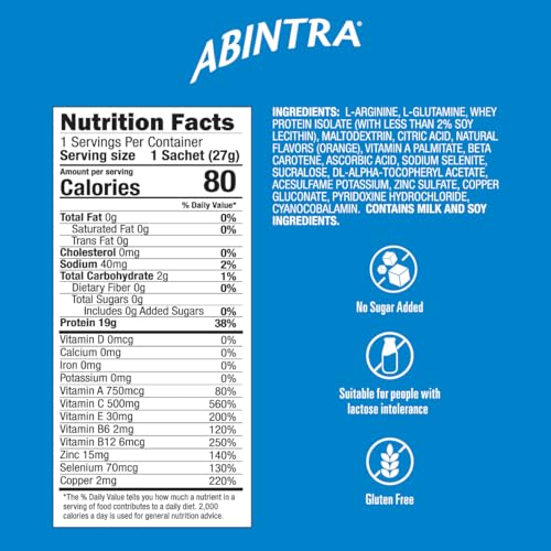 ABINTRA Specialized Wound Healing Nutritional Supplement includes L-Arginine, L-Glutamine, Whey Protein, Vitamins and Minerals, Orange Flavor, 6 Packets, 27g Each, Made in The USA - Image 2