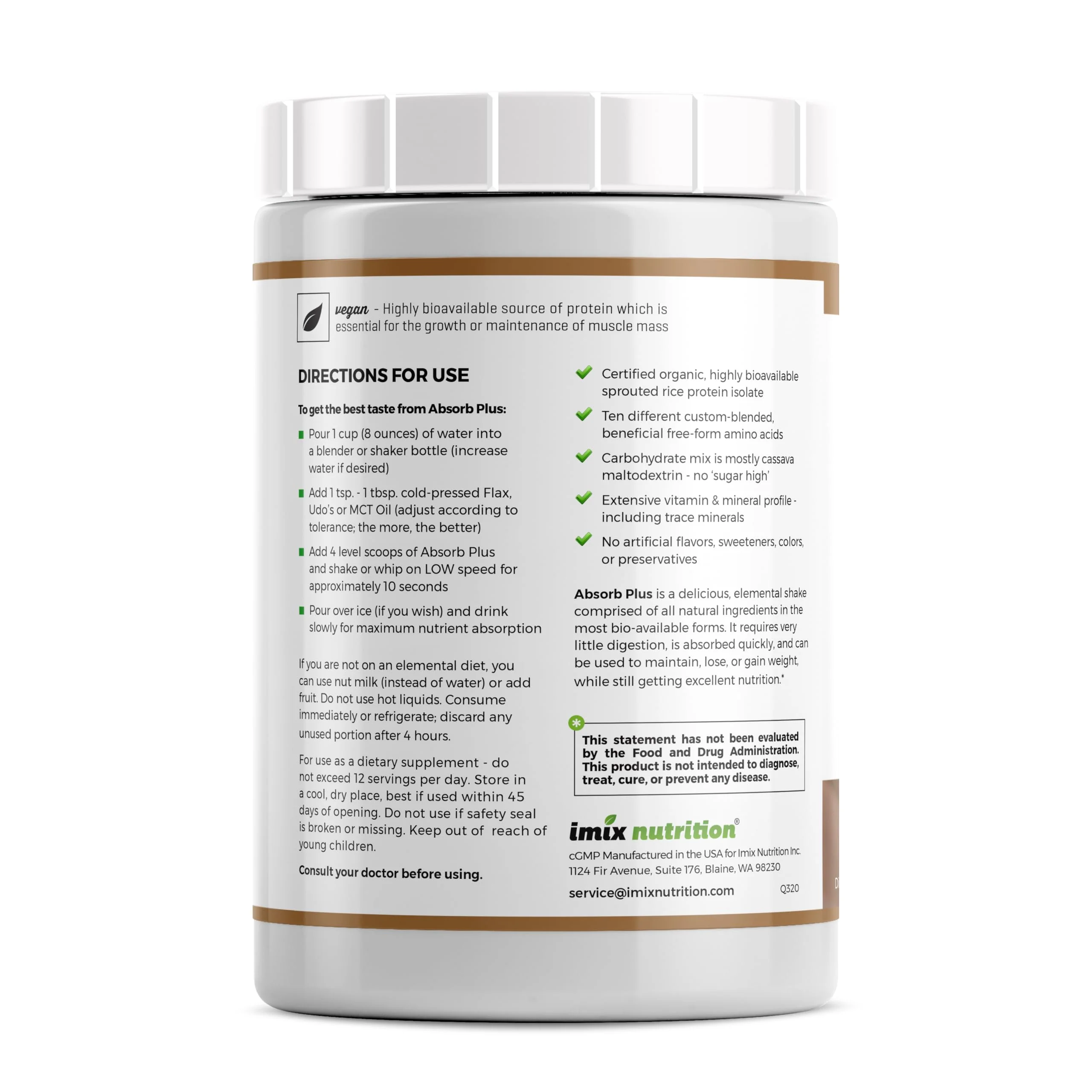 Absorb Plus Vegan Elemental Shake – Nutrient-Rich Powder Nutritional Support, Natural Ingredients, Non-GMO, Gluten-Free, Organic Sprouted Rice Protein (2.2 Pound, Mocha Latte) - Image 9