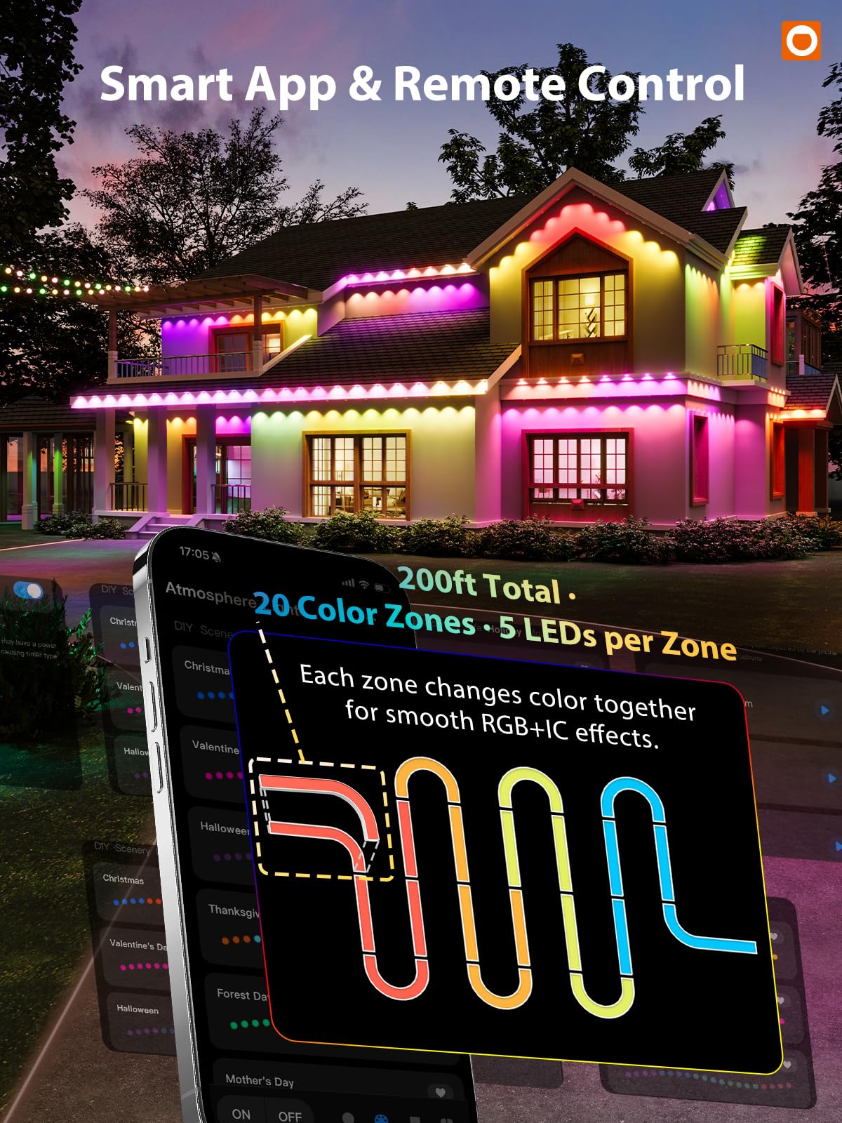 addlon 200FT Permanent Outdoor Lights, RGB+IC Smart LED Outdoor Lights for House, App & Remote Control, DIY Scene Mode, IP67 Waterproof Christmas Light, Holiday, Party, Halloween Decorations - Image 7