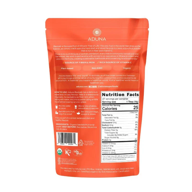 Aduna Organic Baobab Powder 275g Resealable and Recyclable Pack - Image 2