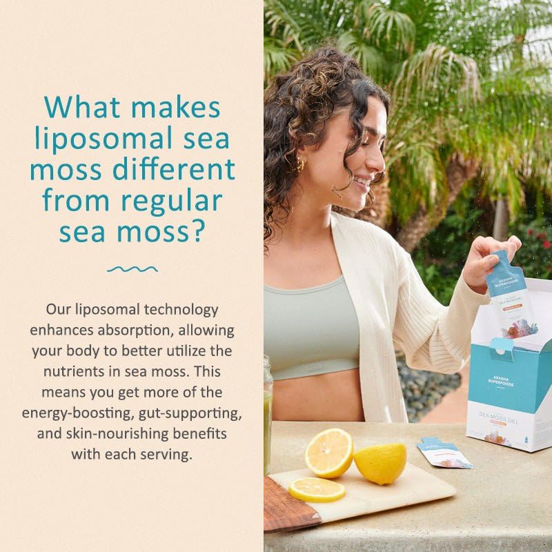 Akasha Superfoods Irish Sea Moss Gel, Liposomal Seamoss with Irish Sea Moss, Vitamin E, Citrus, Organic Vanilla, Glycerin, Skin, Energy & Gut Health Support for Women & Men, Sweet Citrus Flavor, 30 Ct - Image 3