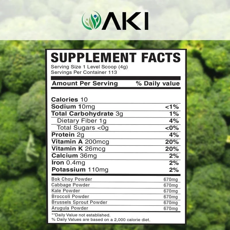 AKI Cruciferous Superfood Green Mix Powder - Made from Kale, Broccoli, Brussels Sprouts, Cabbage - Packed with Essential Phytonutrients & Vitamins ((5.3oz/150g)) - Image 5