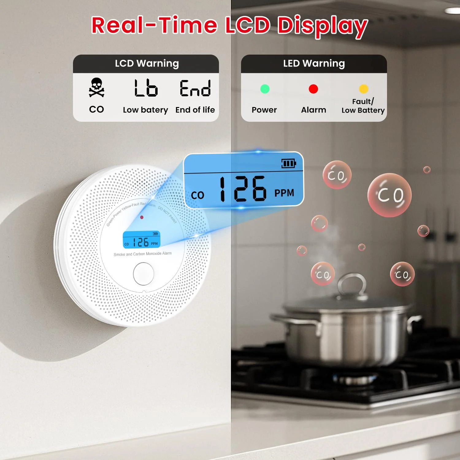 Alertlink 2-in-1 Smoke and Carbon Monoxide Detector Alarm, with Voice Alert,10-Year Battery Fire & CO Alarm with Large LCD Display, Easy Install with Adhesive or Screws - Image 5