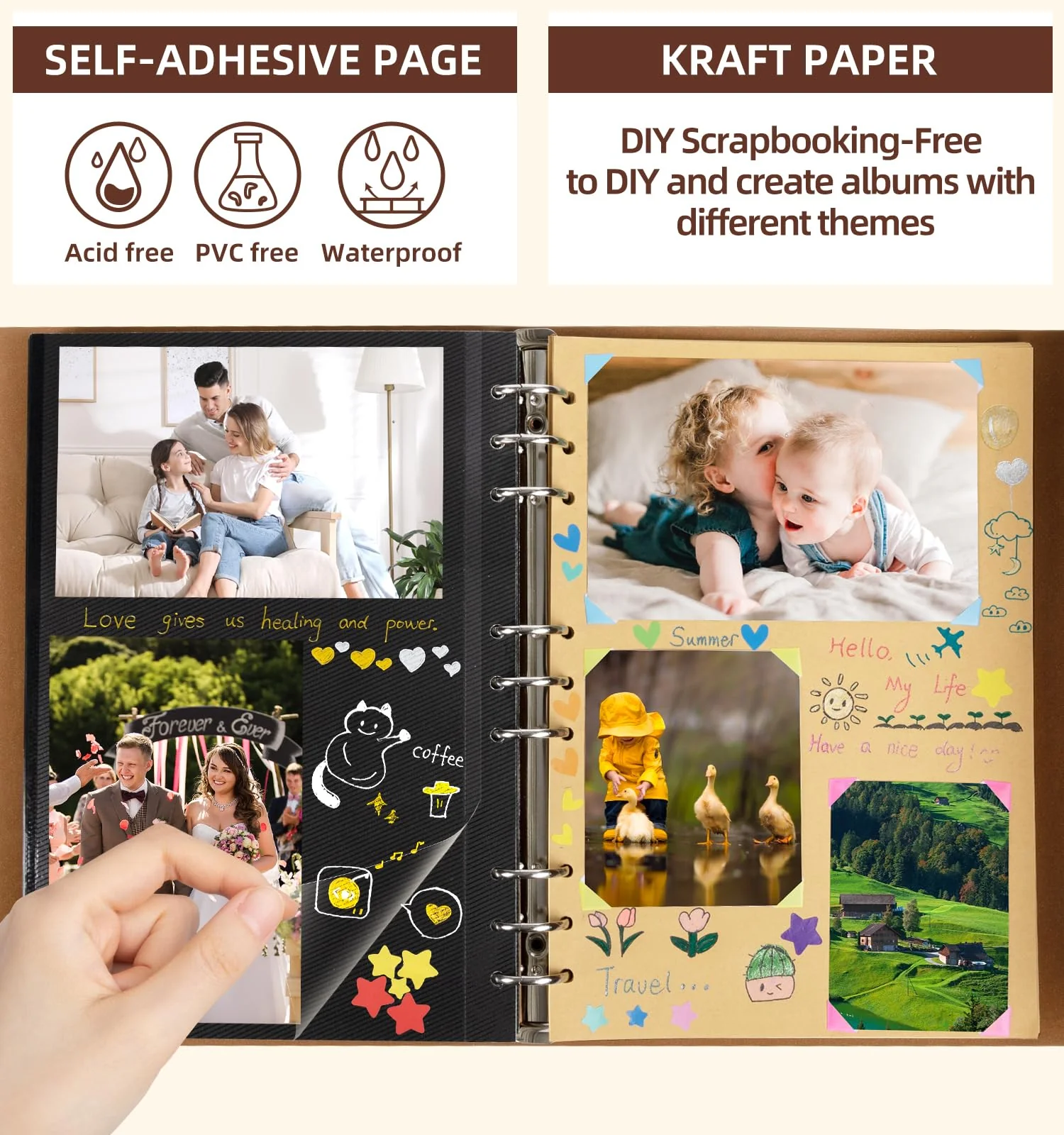 ALKALO Scrapbook Photo Album 100 Pages, 60 Pages Self Adhesive+40 Pages Kraft Paper DIY Photo Book for 2x3 3x5 4x6 5x7 Pictures, Leather Memory Book for Wedding Baby Family Travel Birthday Christmas - Image 4