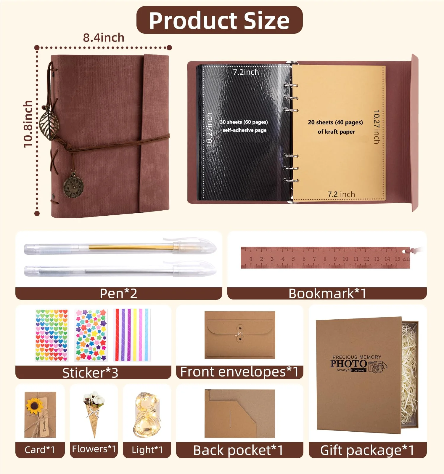 ALKALO Scrapbook Photo Album 100 Pages, 60 Pages Self Adhesive+40 Pages Kraft Paper DIY Photo Book for 2x3 3x5 4x6 5x7 Pictures, Leather Memory Book for Wedding Baby Family Travel Birthday Christmas - Image 5