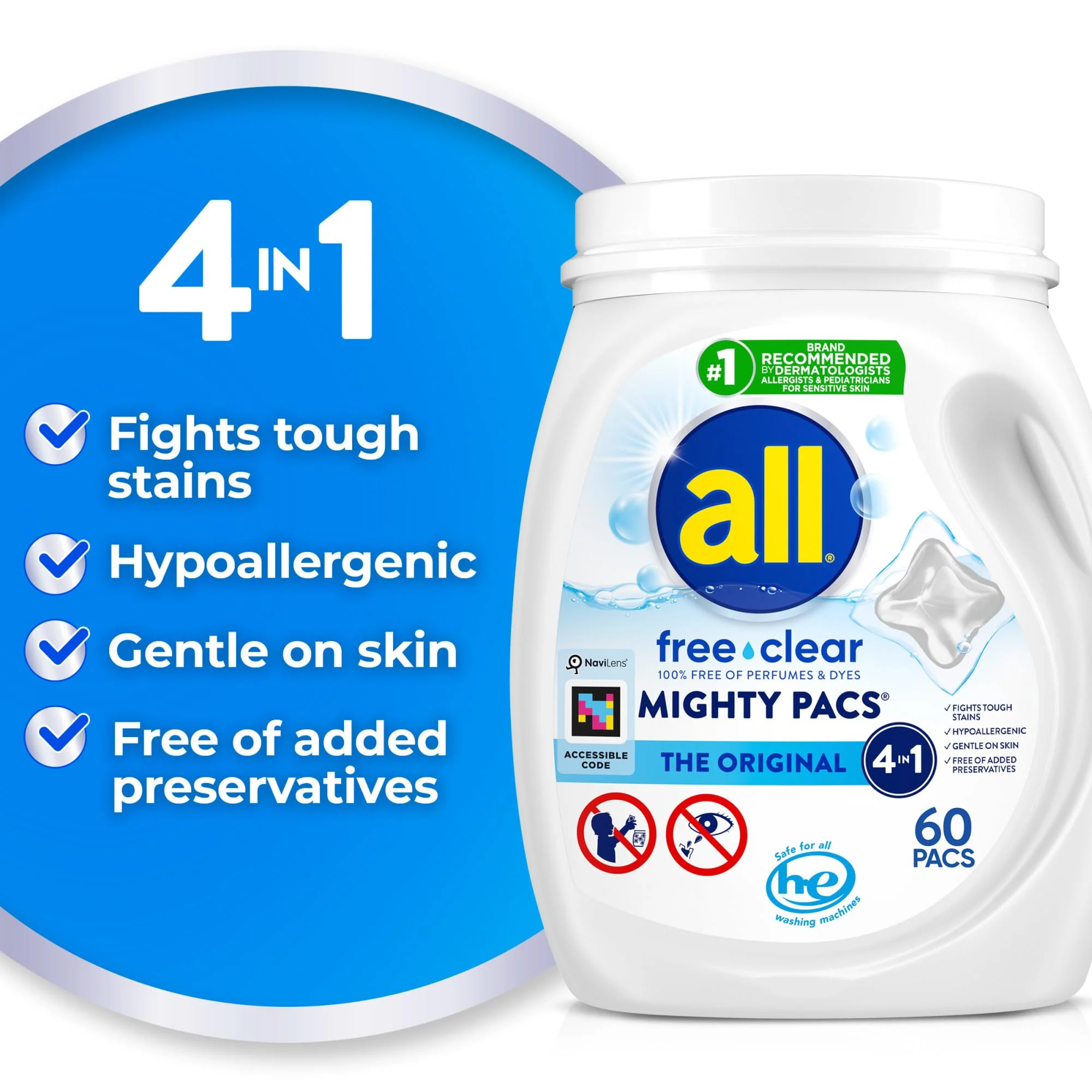 All Mighty Pacs Laundry Detergent, Free Clear for Sensitive Skin, Tub, 60 Count - Image 8